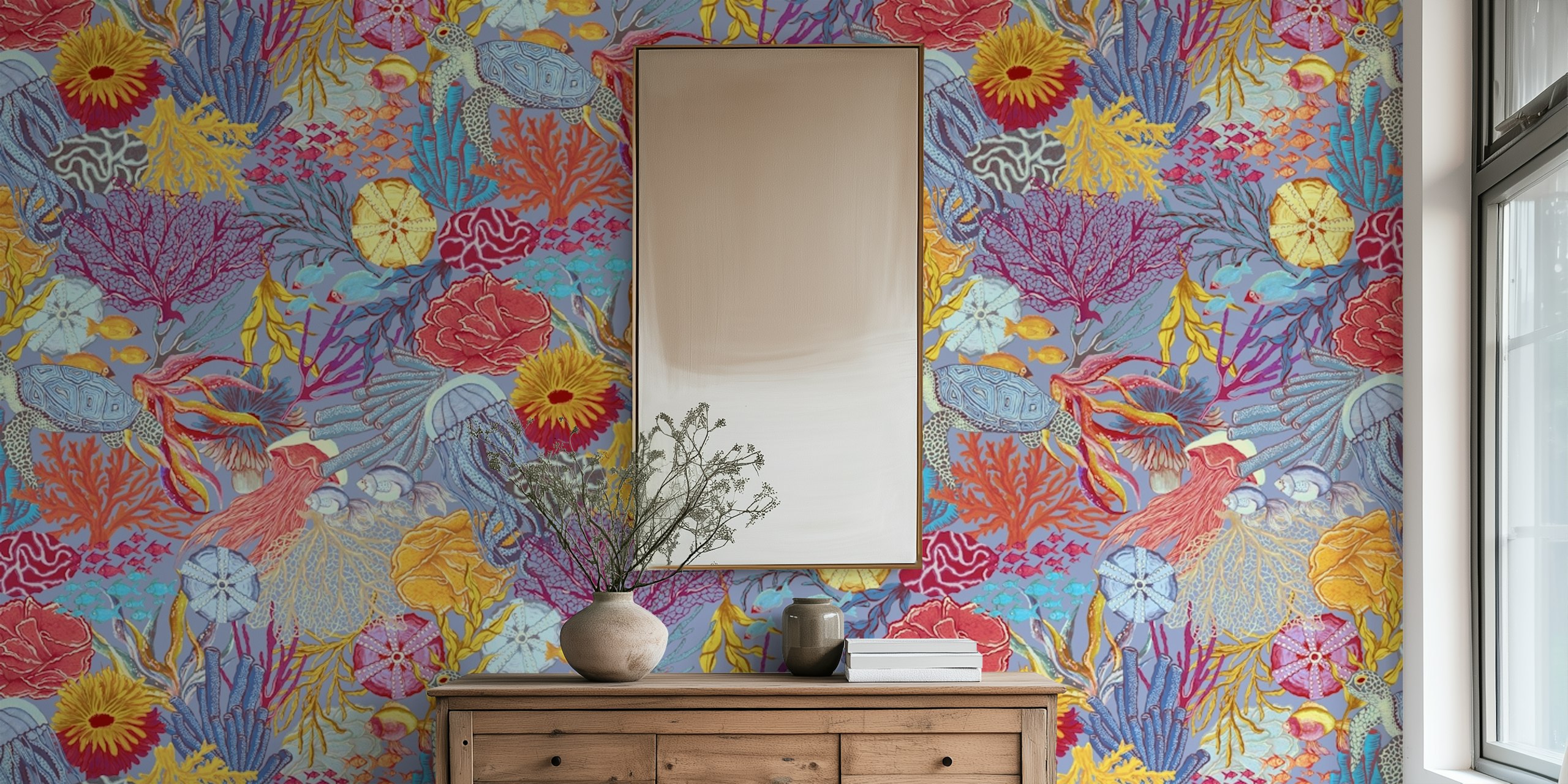 Colorful ocean-themed wallpaper design in a room
