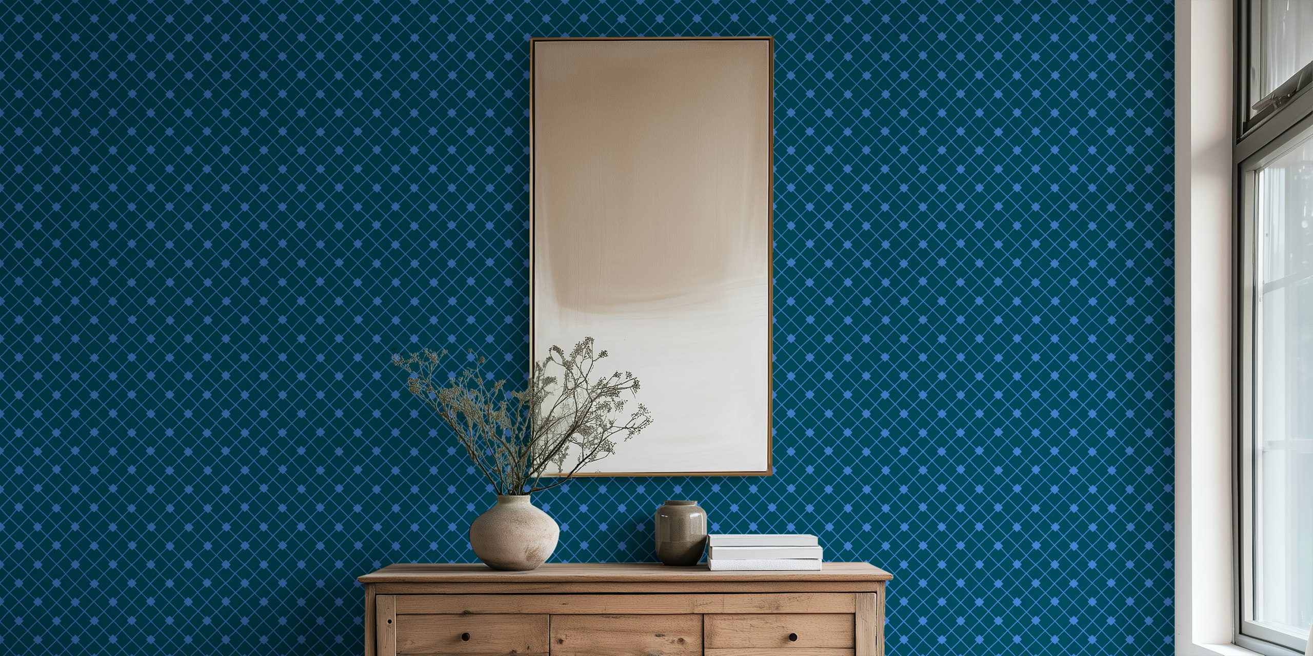 Midnight blue check patterned wall mural with a preppy design style
