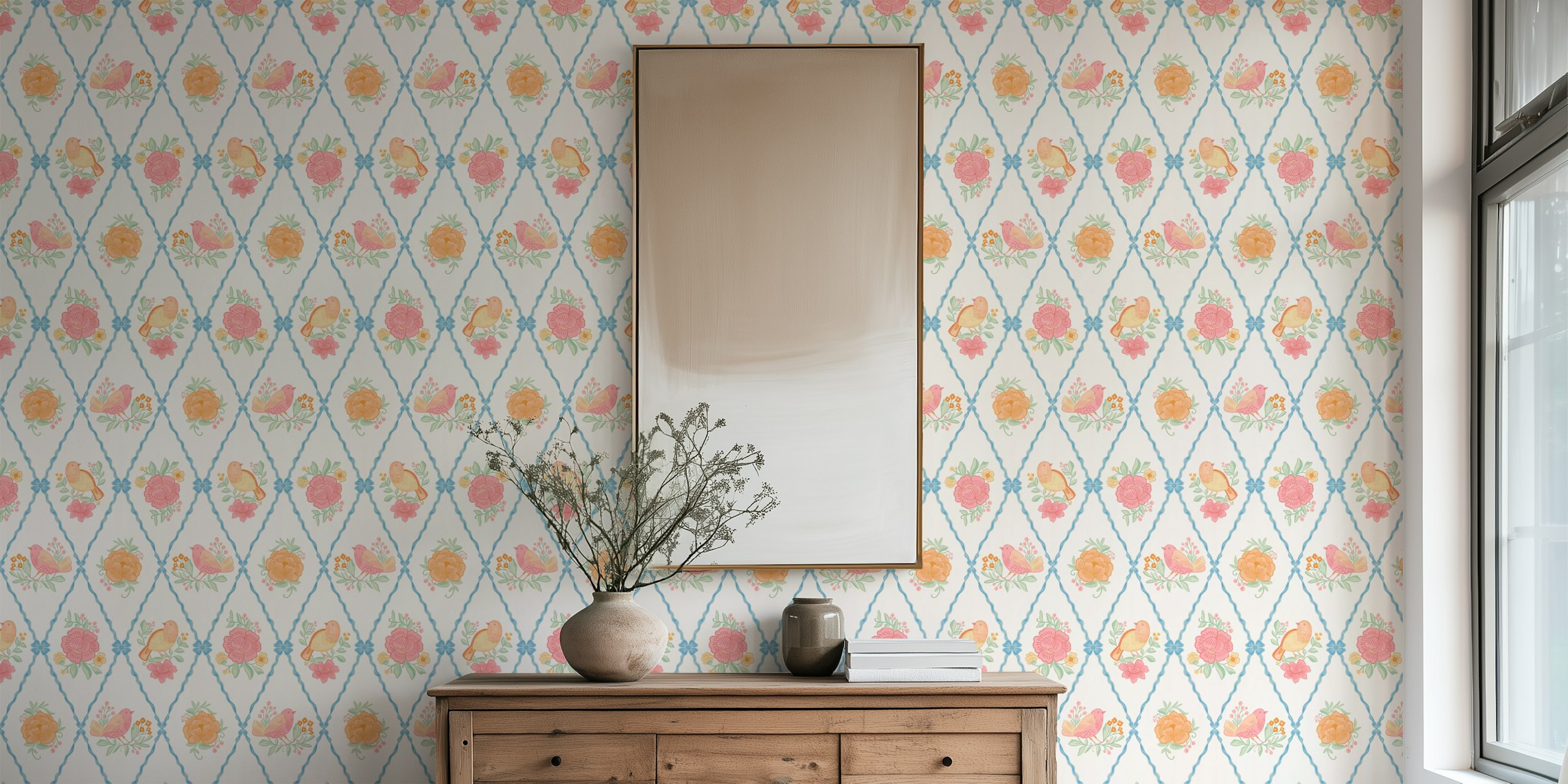 Šarmantan zidni mural u vintage stilu s pastelnim pticama i cvjetovima na rešetkastoj pozadini