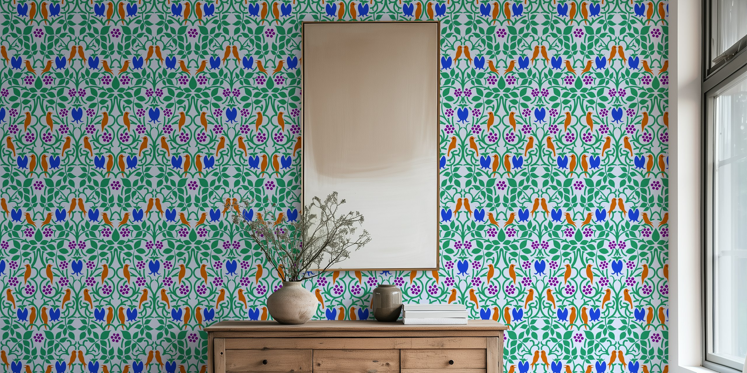Vintage pattern wallpaper avec des oiseaux et des baies