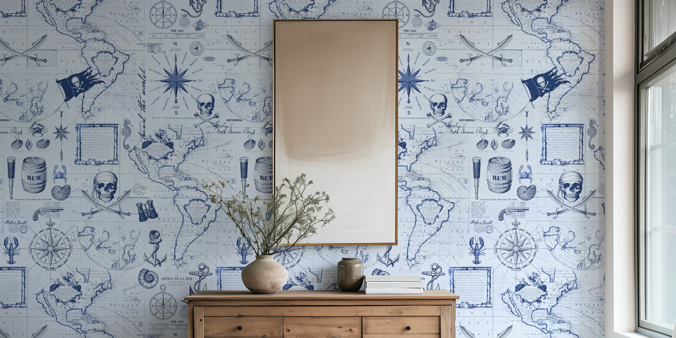 Nautical pirate map design with navy blue and white elements wallpaper
