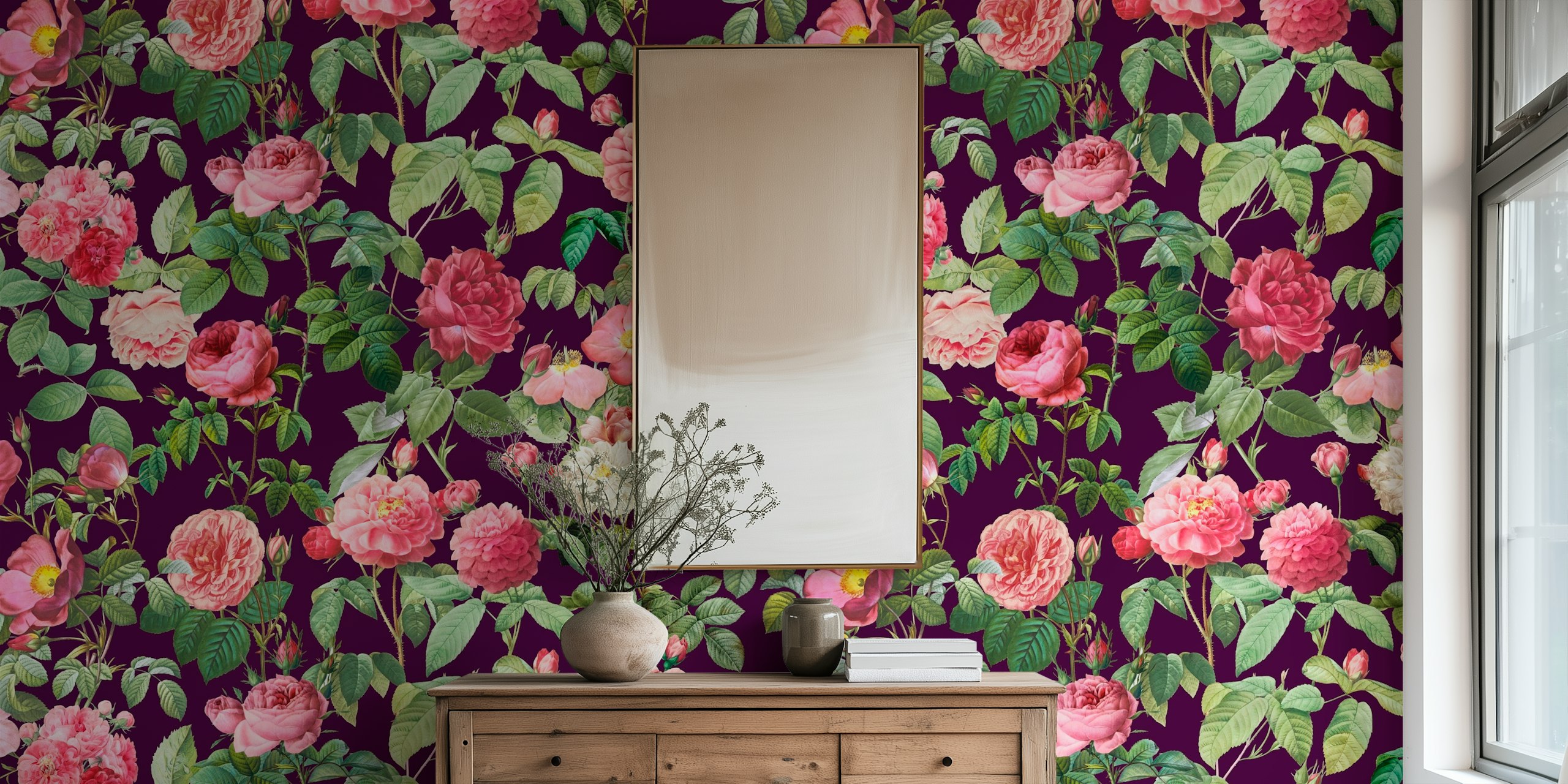 Papel de parede floral com design de Pierre-Joseph Redoute French Roses