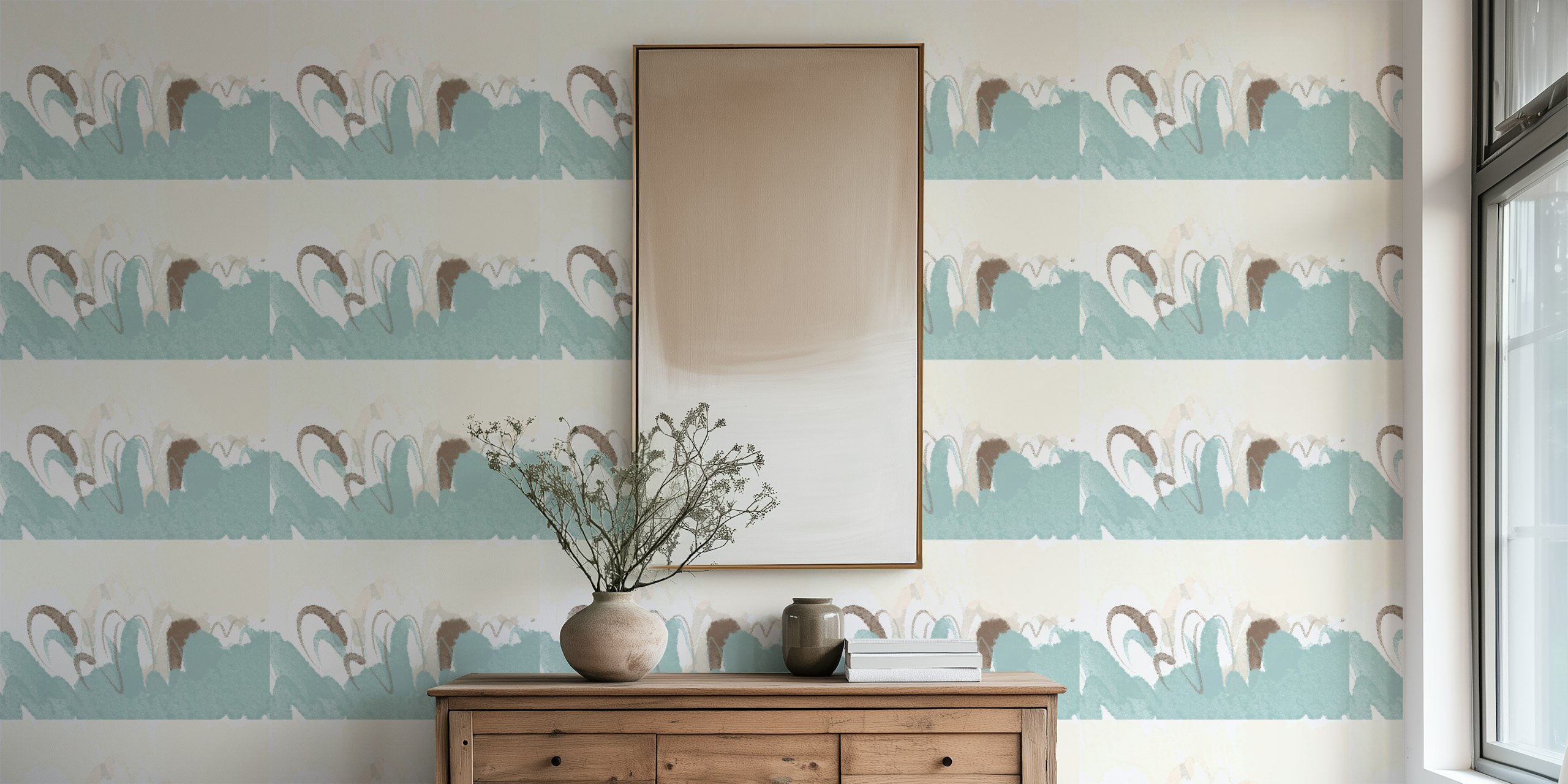 Pastel abstract shapes in pink, blue, and beige wallpaper