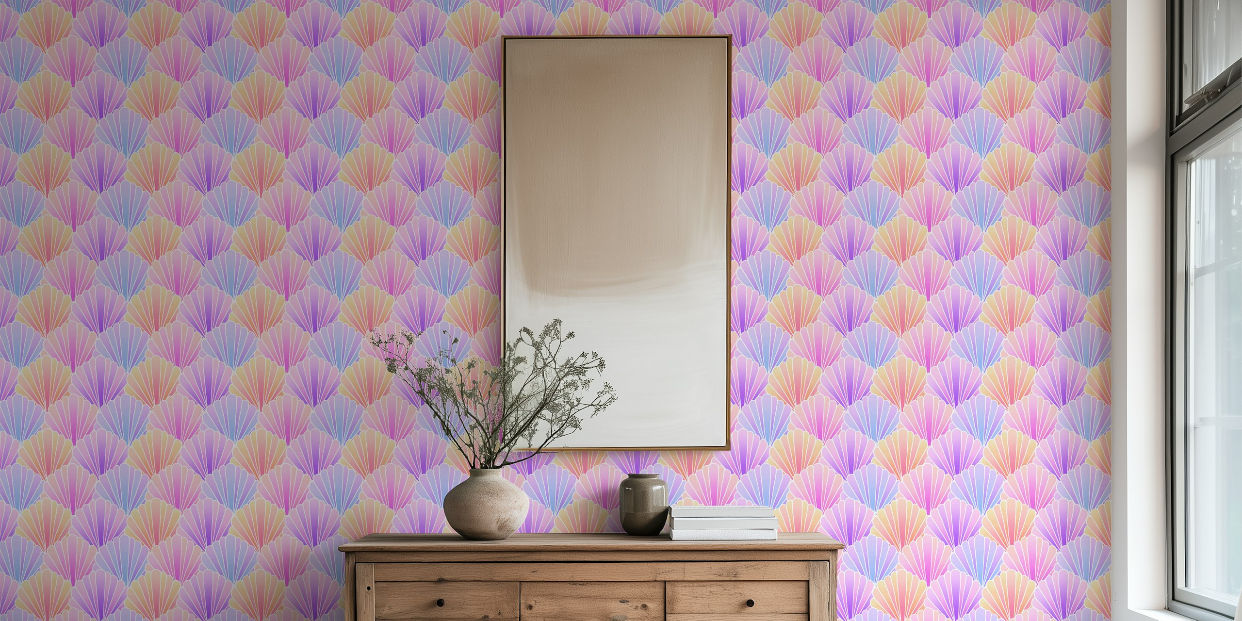 Mermaid rainbow scallop wallpaper in room