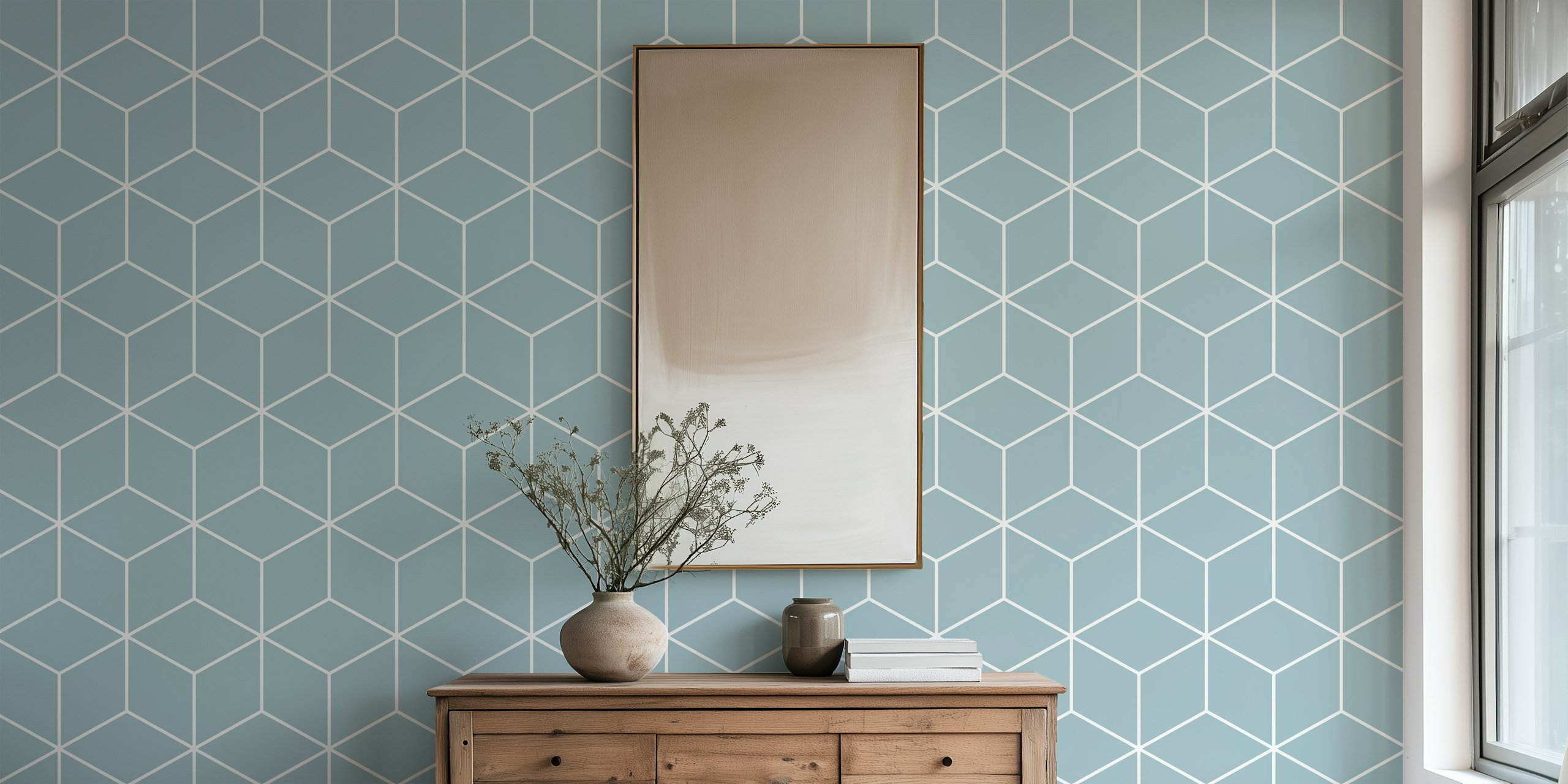 Geometric hexagon pattern wallpaper in soft blue and white colors