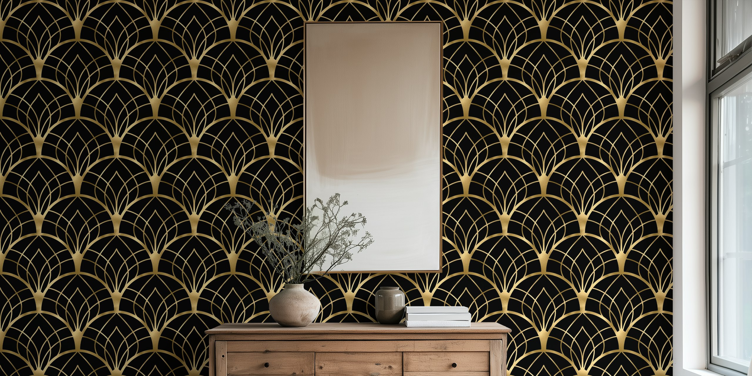 Art Deco gold and black wallpaper in a room