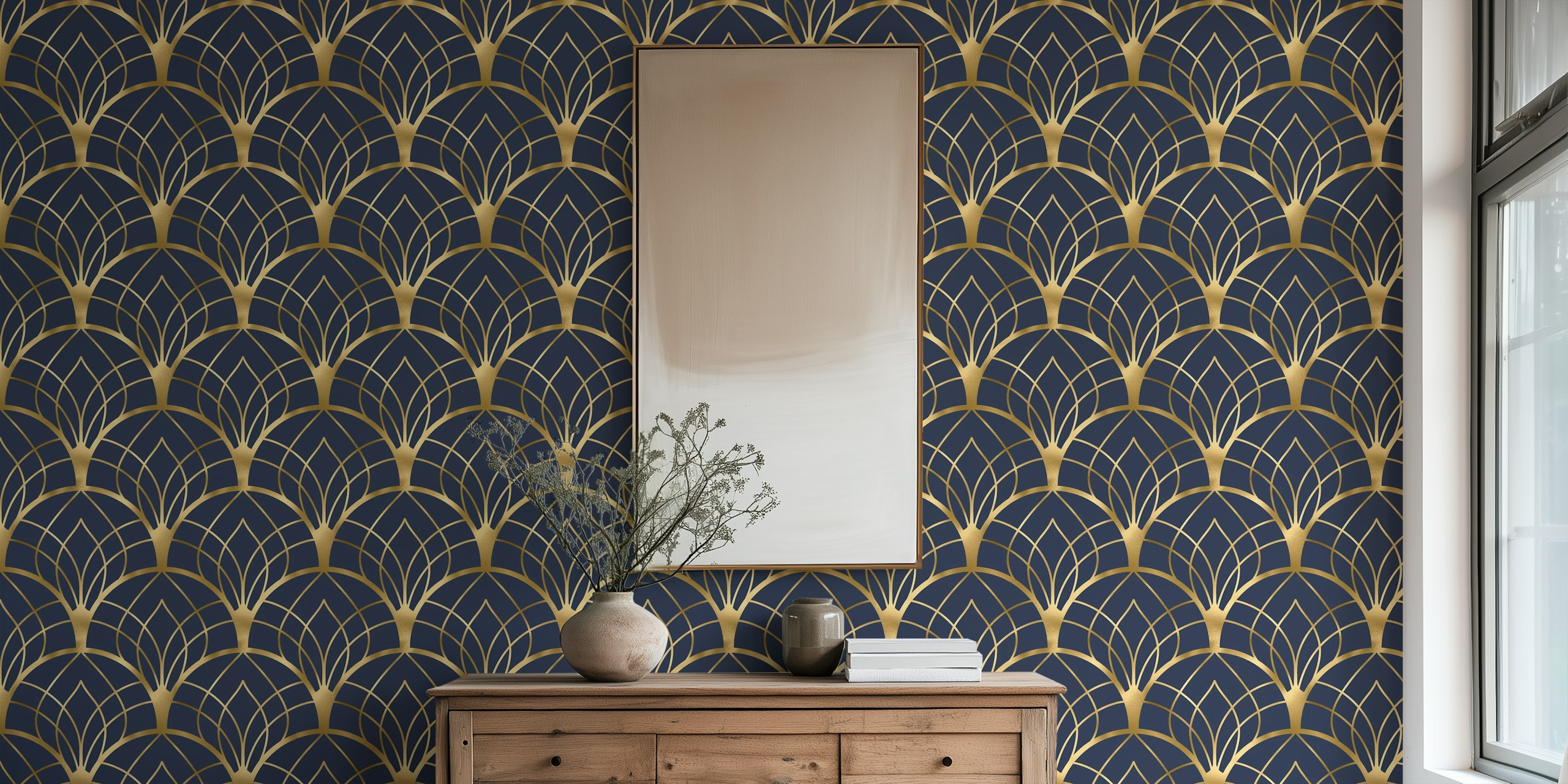 papier peint Art Deco en or et bleu marine