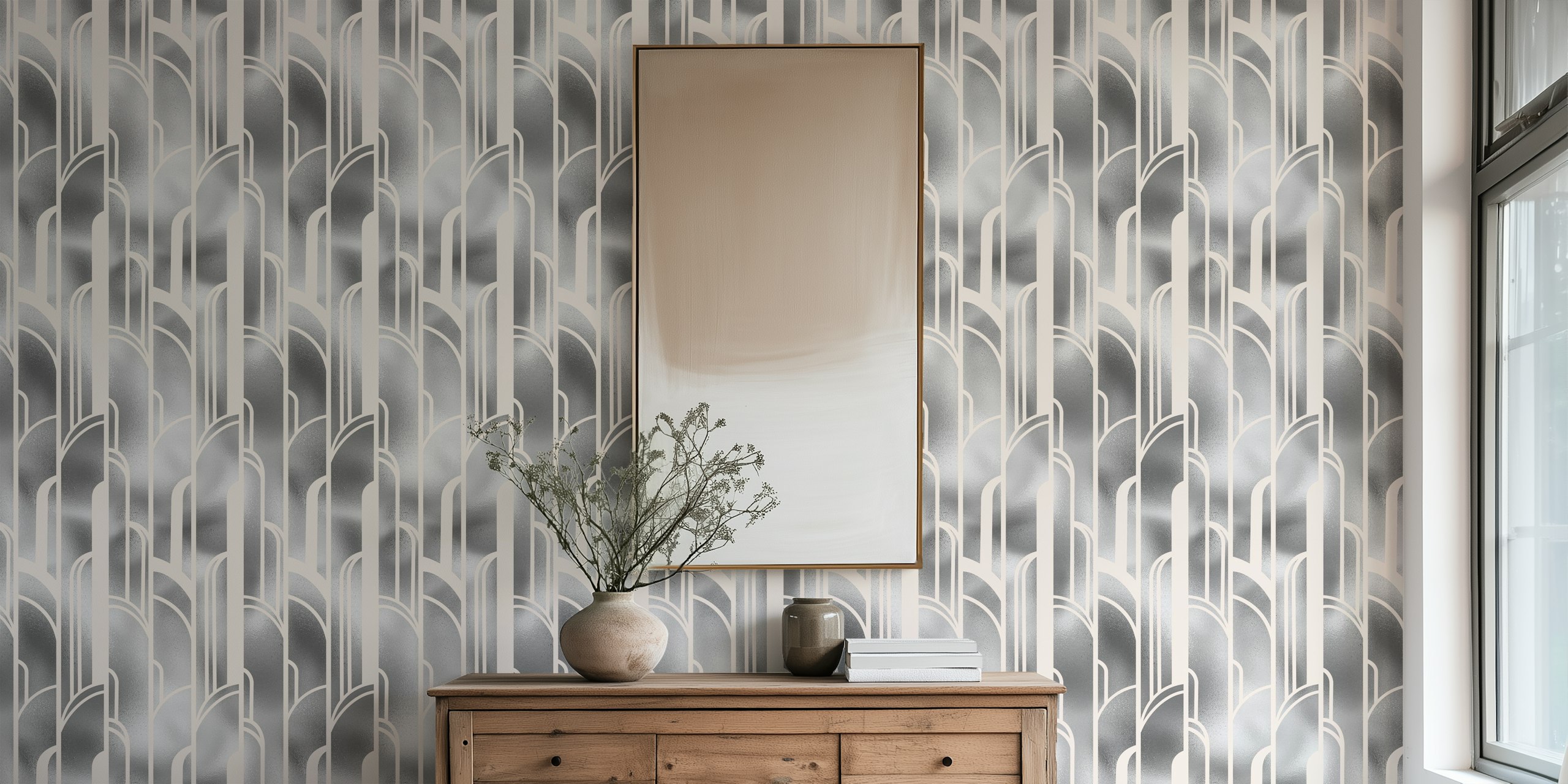 Art Deco pink and silver wallpaper in a room