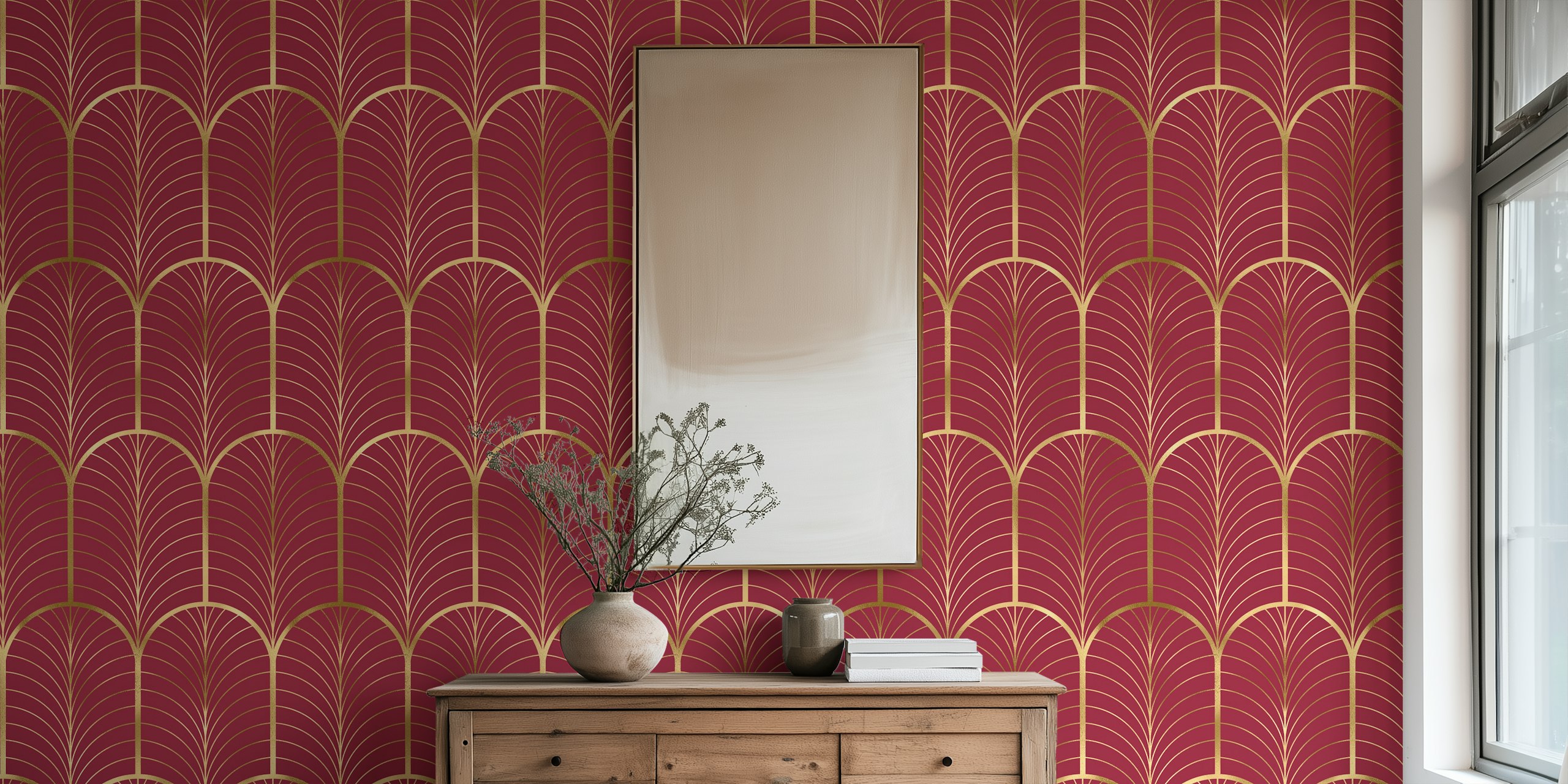 Gold and burgundy Art Deco wallpaper design