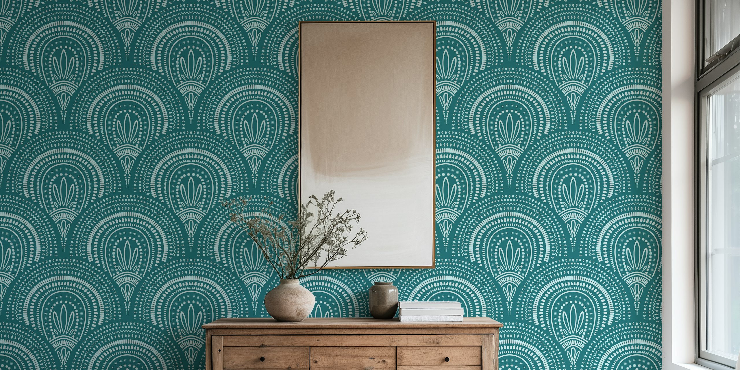 Ornamental scallop mønster tapet i teal farve til elegant rumindretning