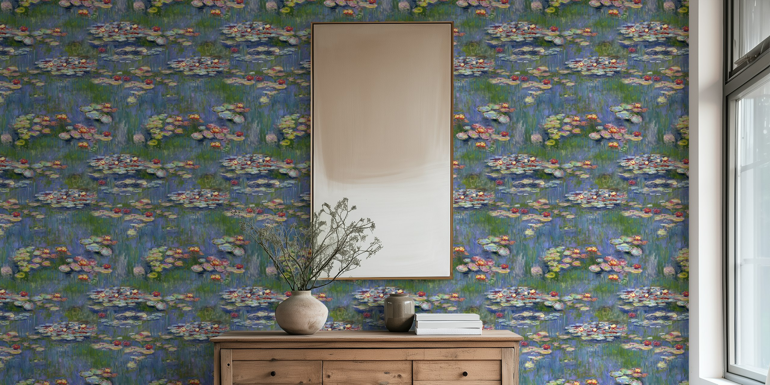 Monet water lily pond in shades of blue and green wallpaper