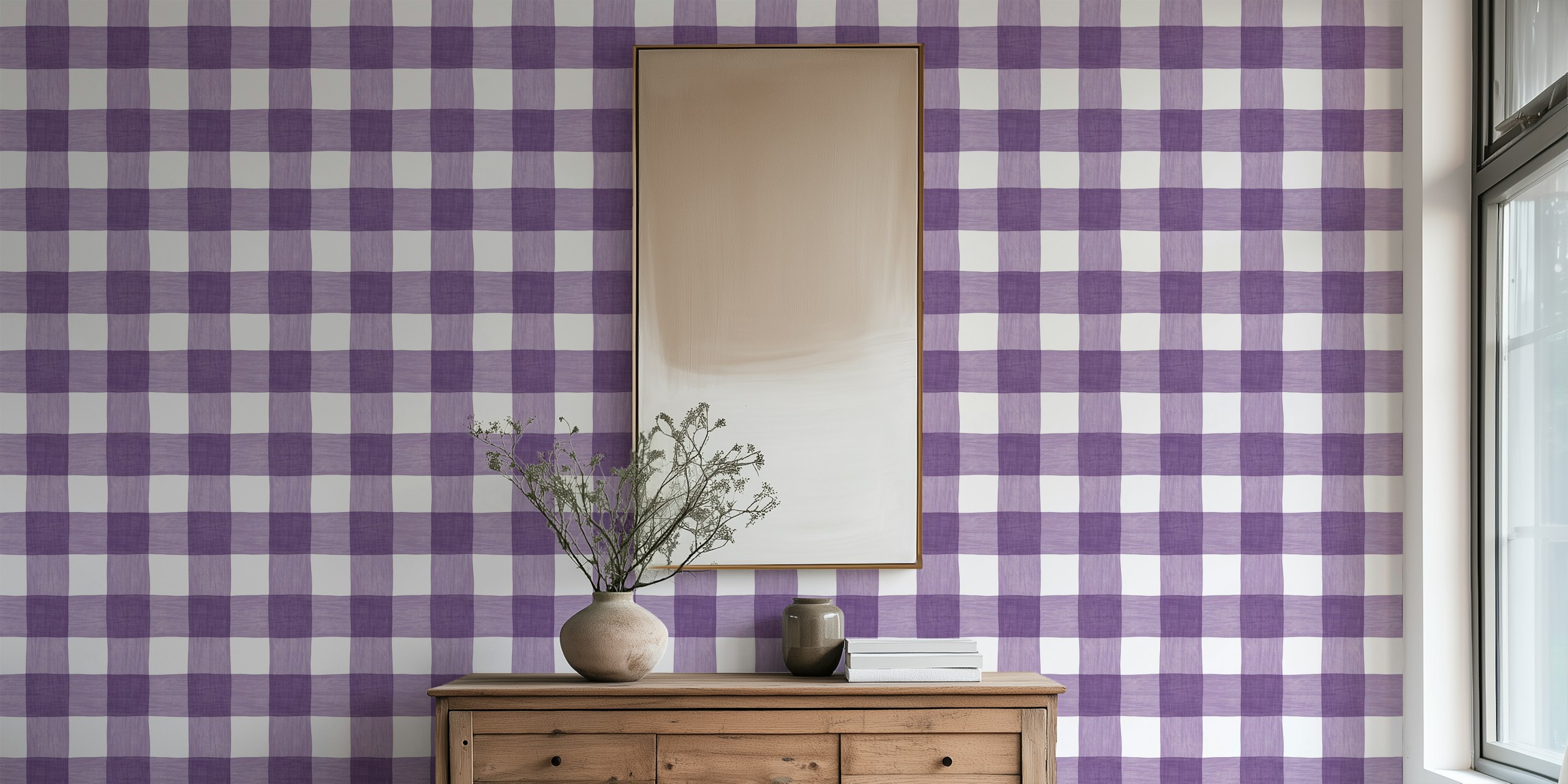 Hand Painted Gingham in Purple Lavender tapet i et rum