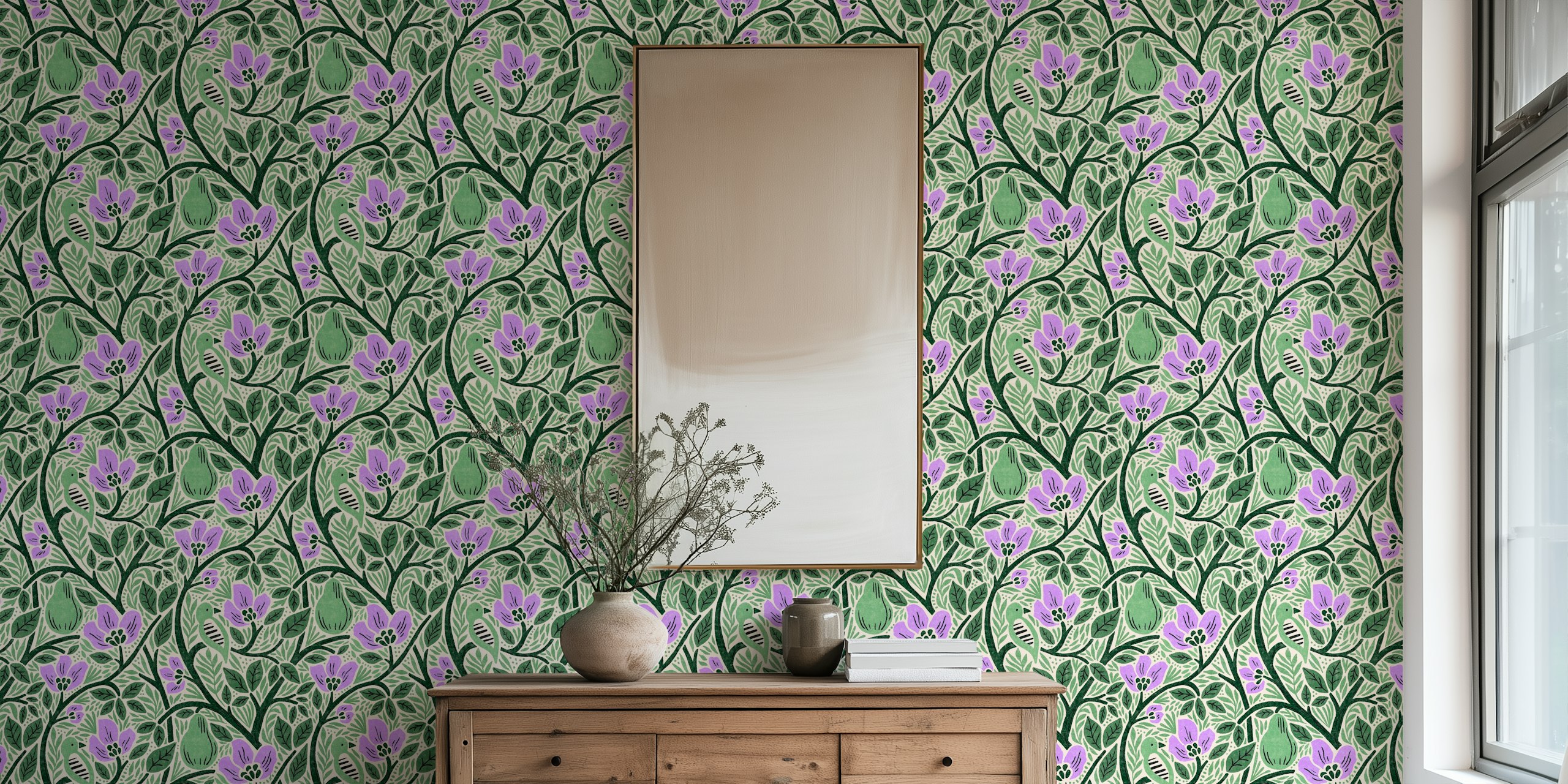 Floral pattern with green leaves, purple flowers, and birds wallpaper