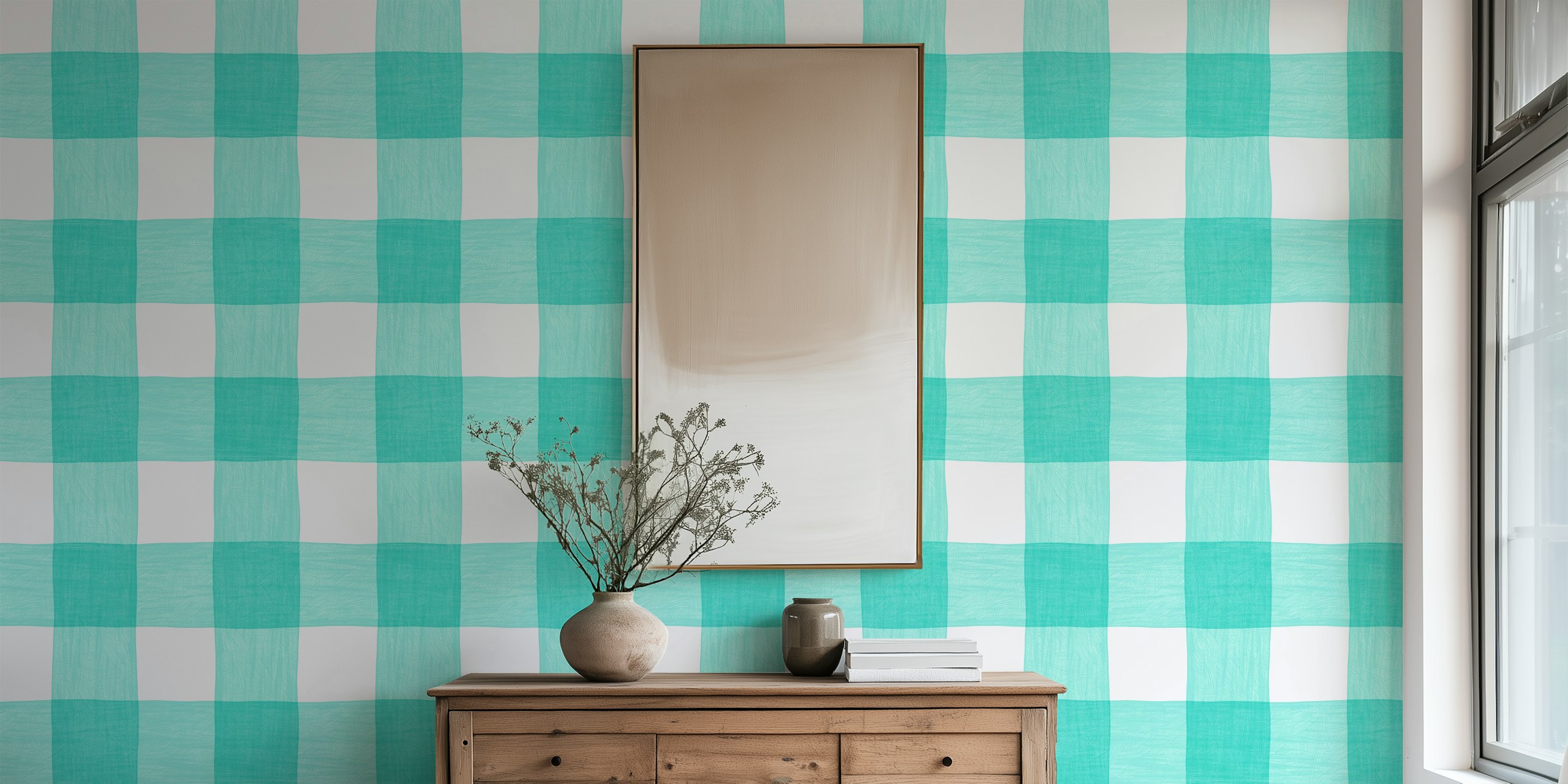 Mint green and white gingham pattern wallpaper