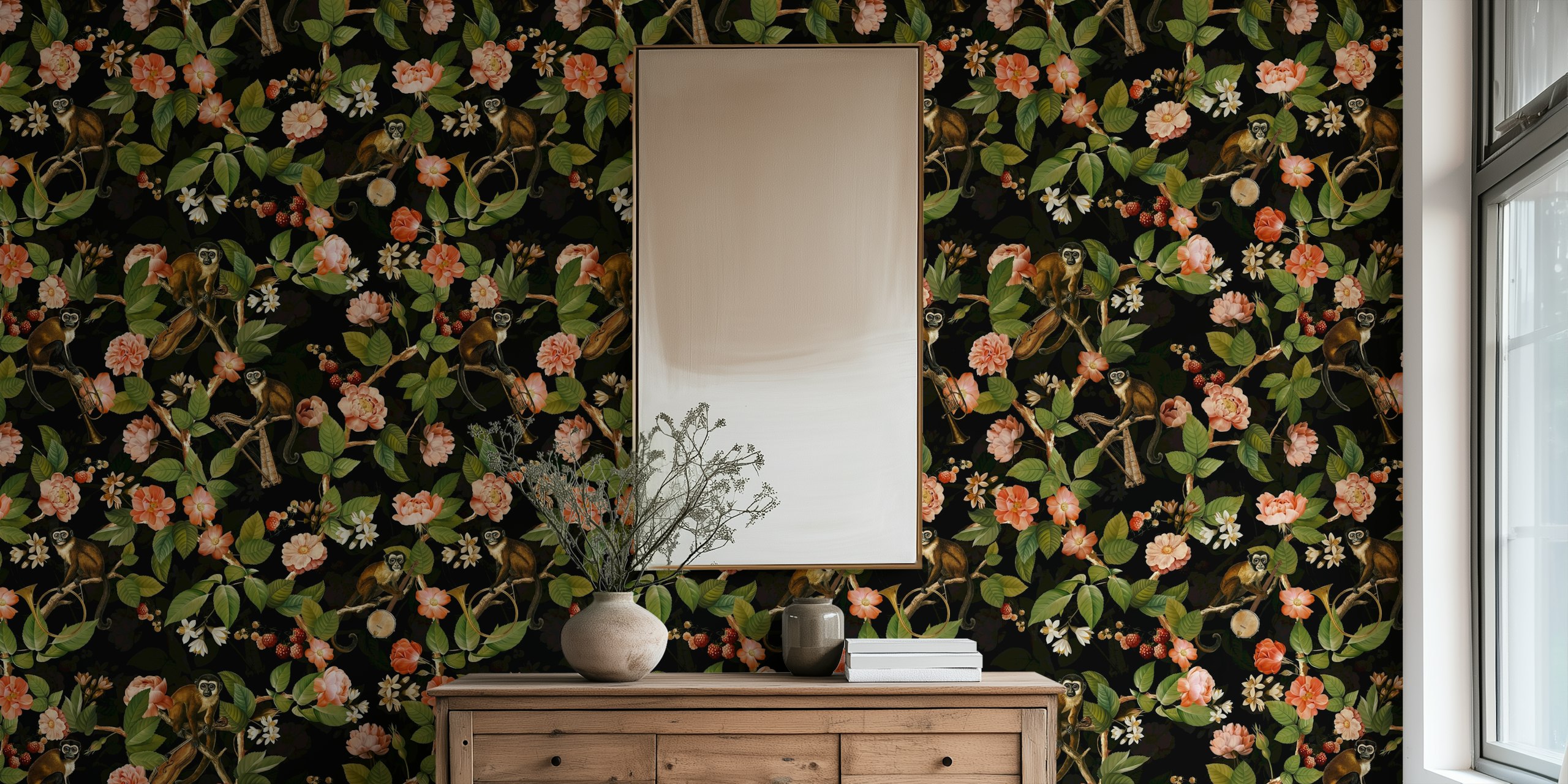 Monkey Band In Flower Chinoiserie Jungle projekt tapety