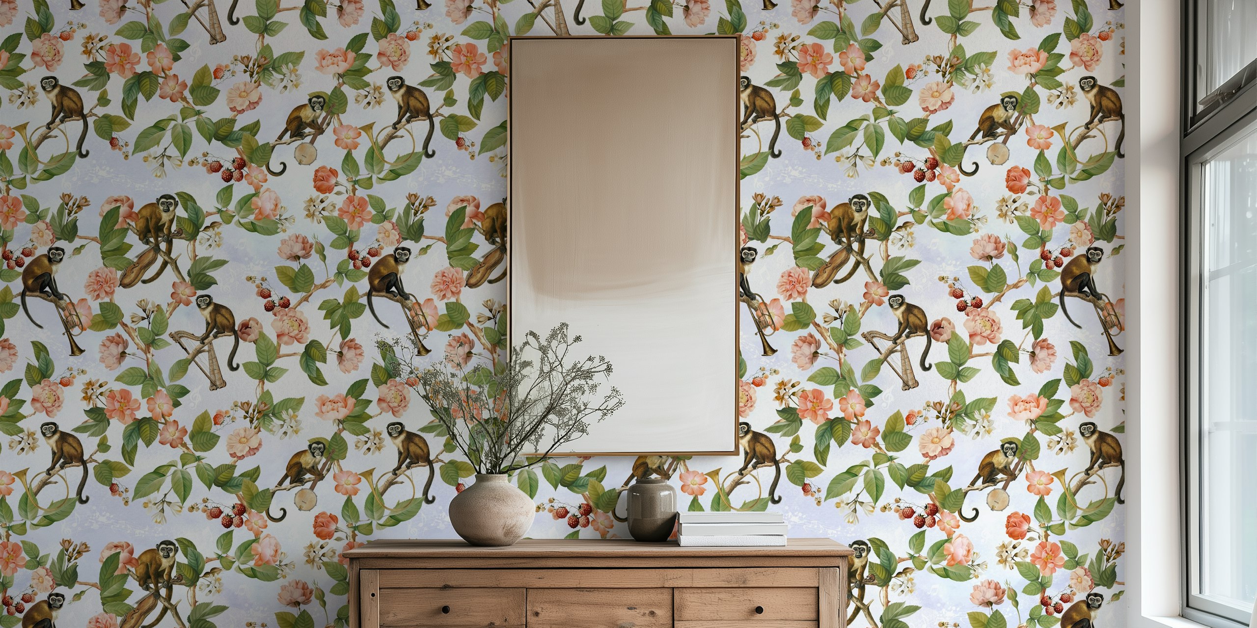 Monkey band wallpaper in a jungle with flowers