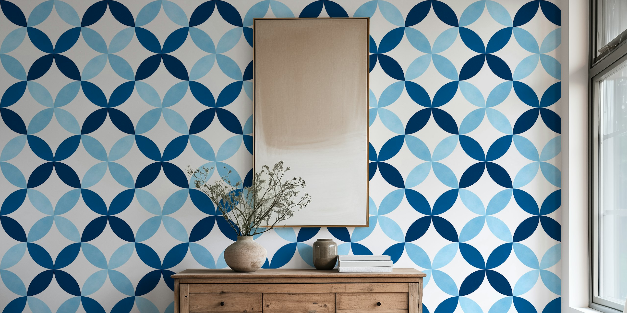 Blue geometric pattern wallpaper in a room