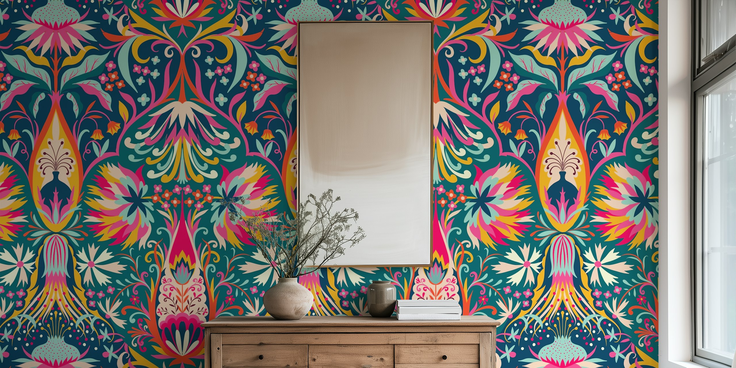 Colorful floral damask wallpaper featuring vibrant patterns in blue, pink, and yellow