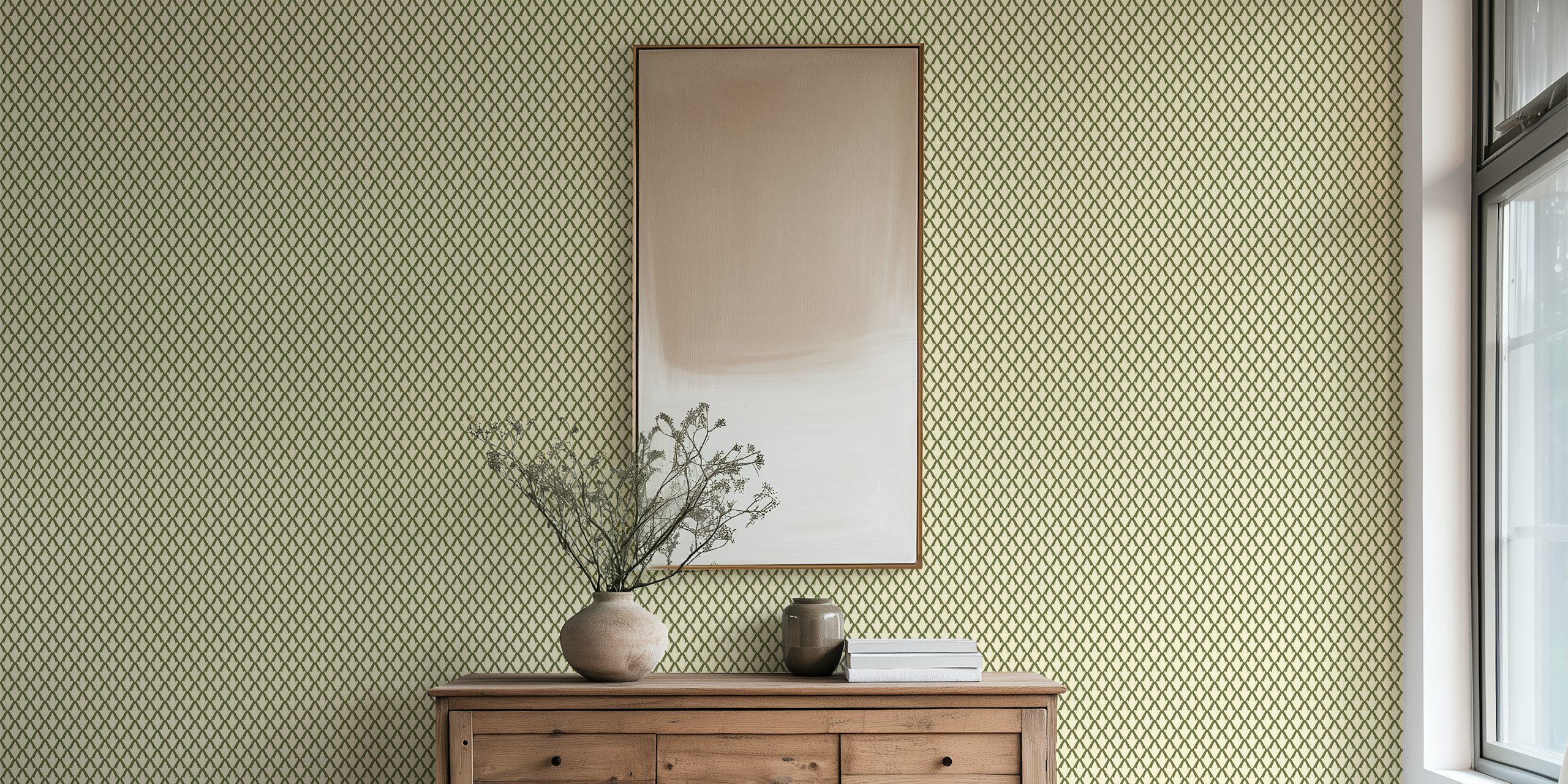 Geometric diamond leaf pattern in green and cream wallpaper