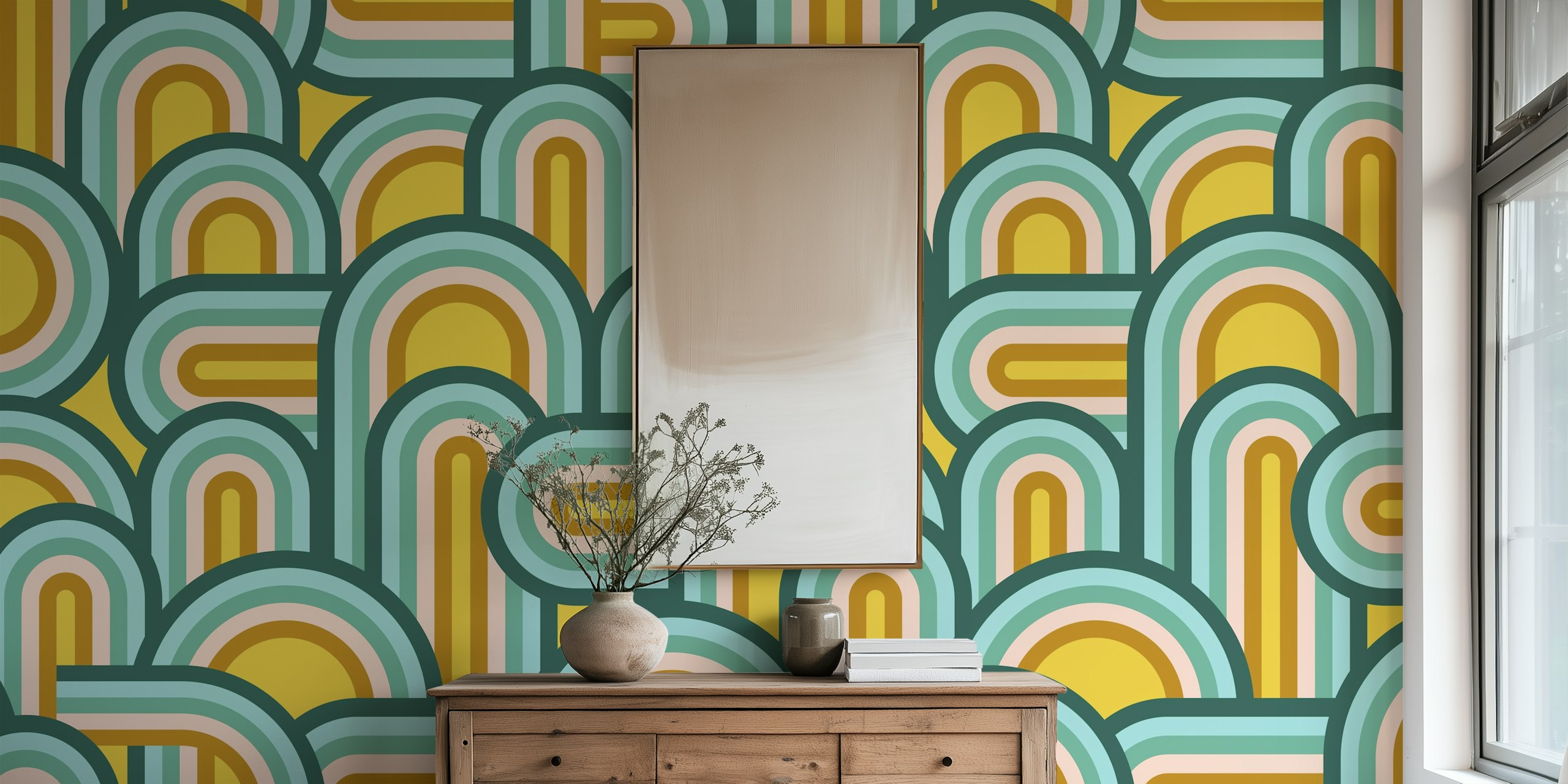 Mural de pared con líneas arqueadas de colores que representa un diseño de arcoíris luminoso