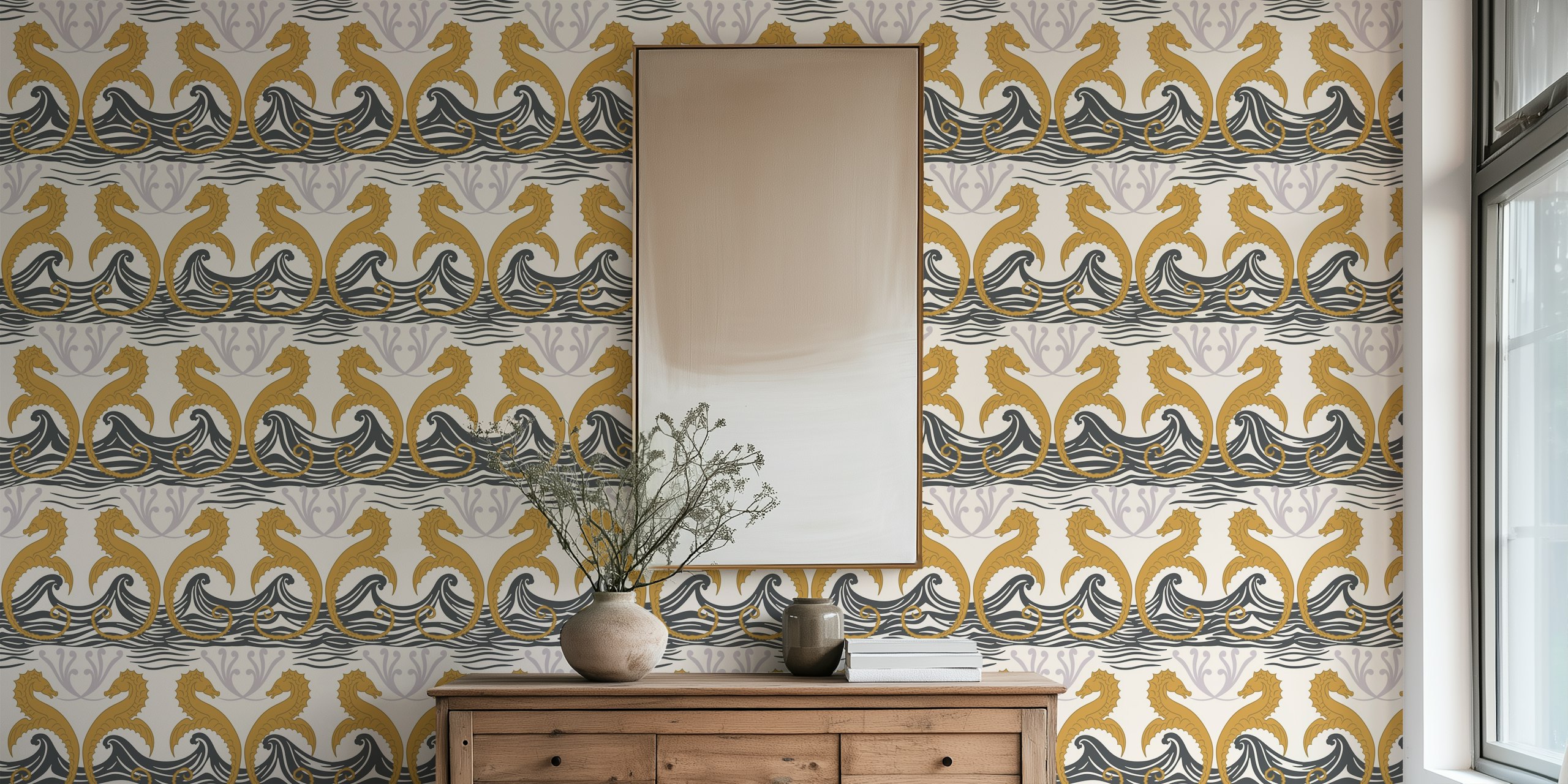 Vintage seahorse design with gold seahorses on black waves wallpaper