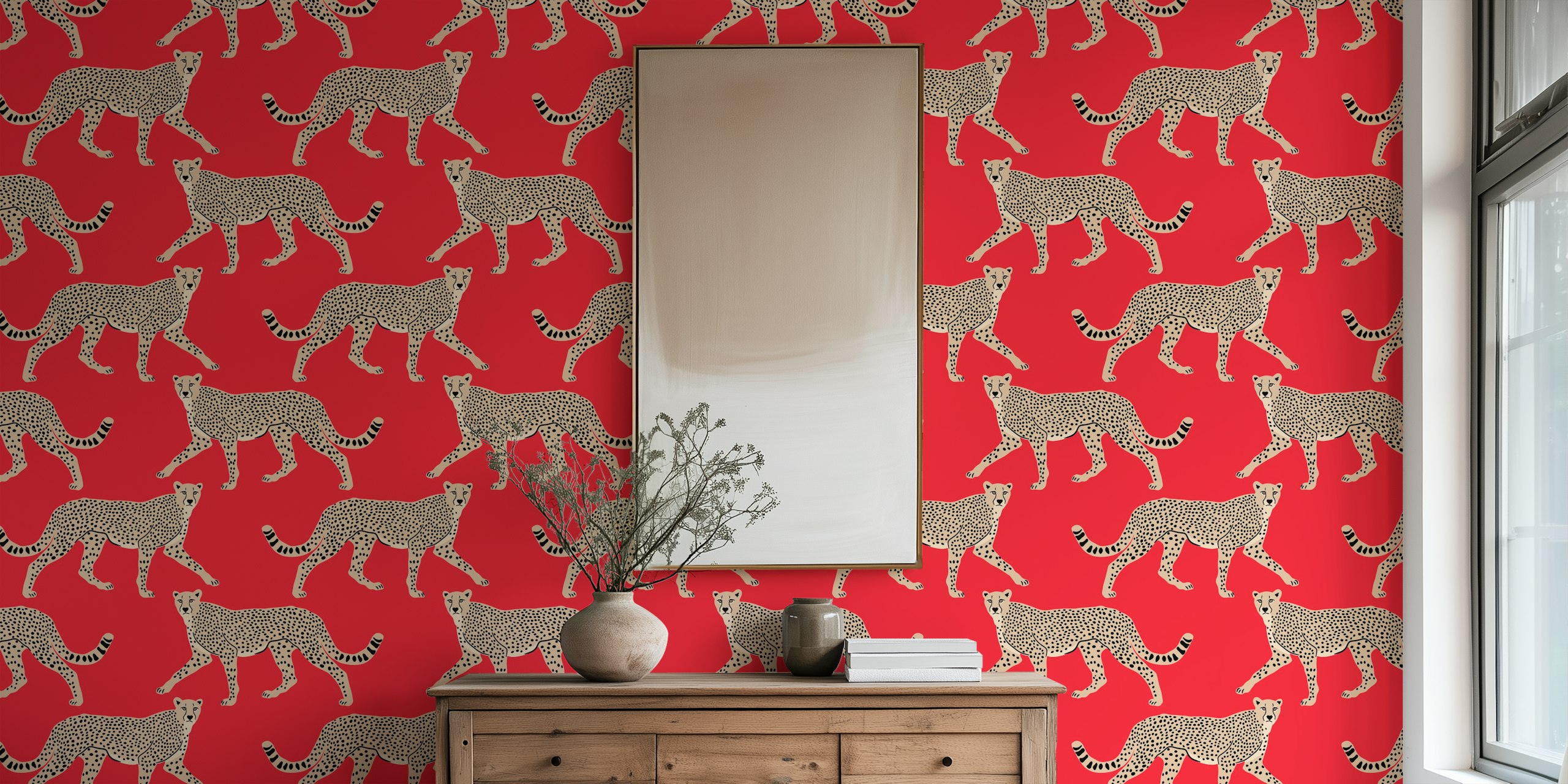 Cheetah illustrations on vibrant red background wallpaper