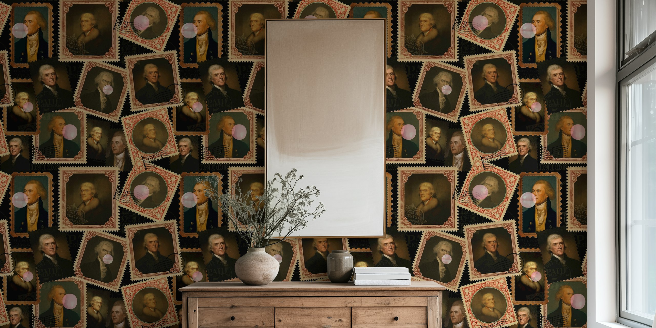 Vintage stamps with portraits of Thomas Jefferson in hues of beige and brown wallpaper