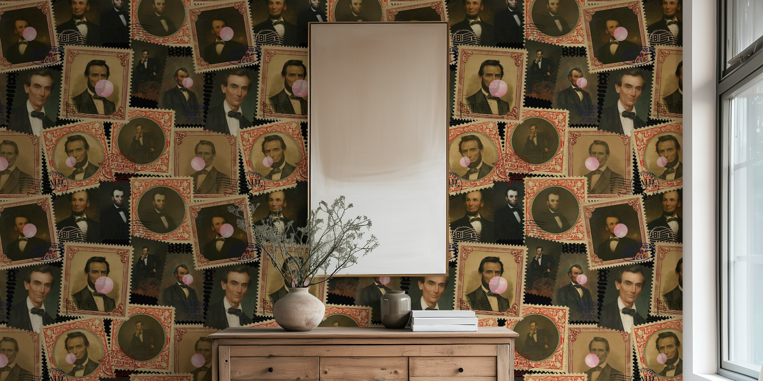 Vintage stamps wallpaper featuring Abraham Lincoln