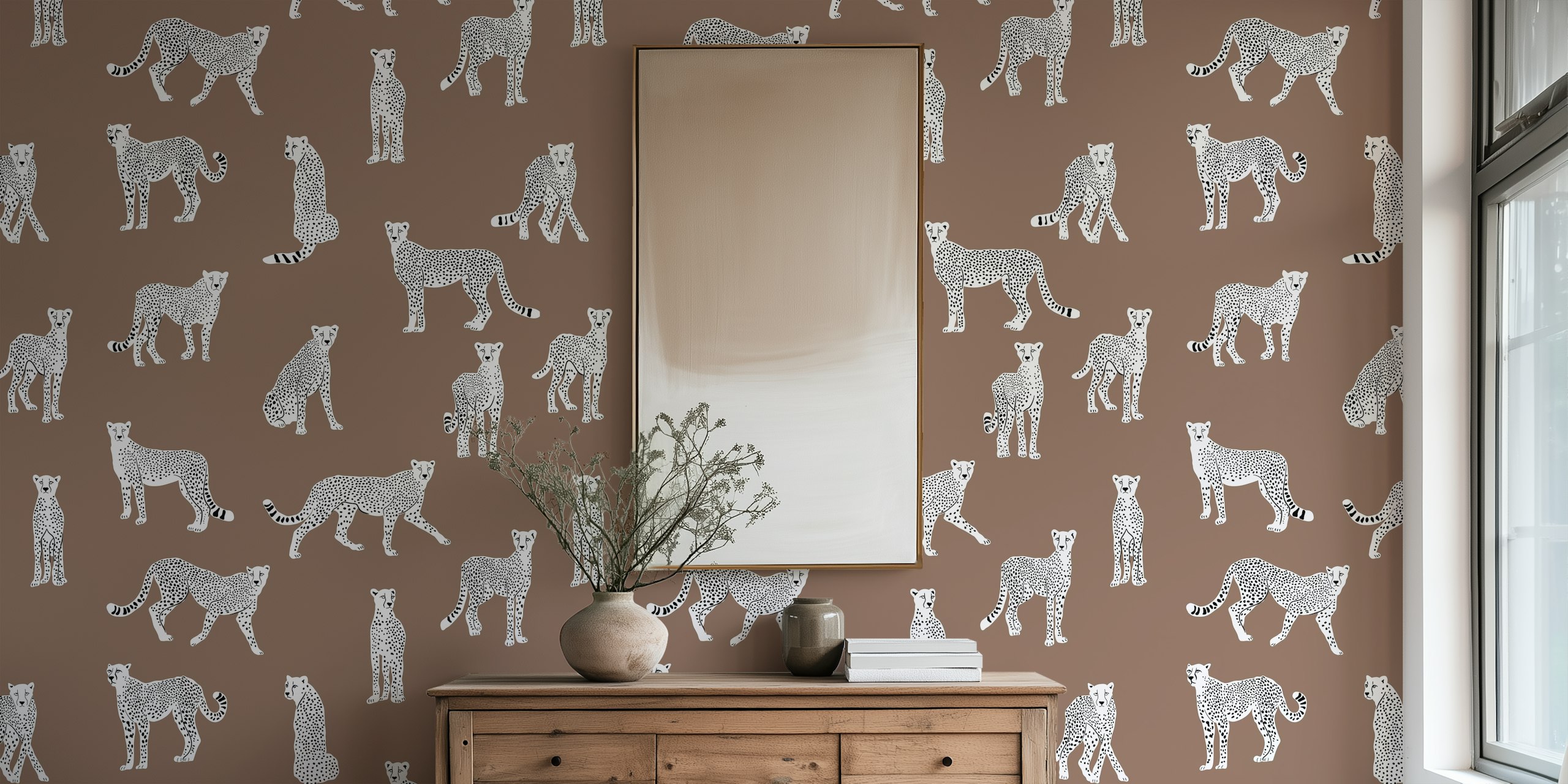 White cheetah wallpaper displayed in a room