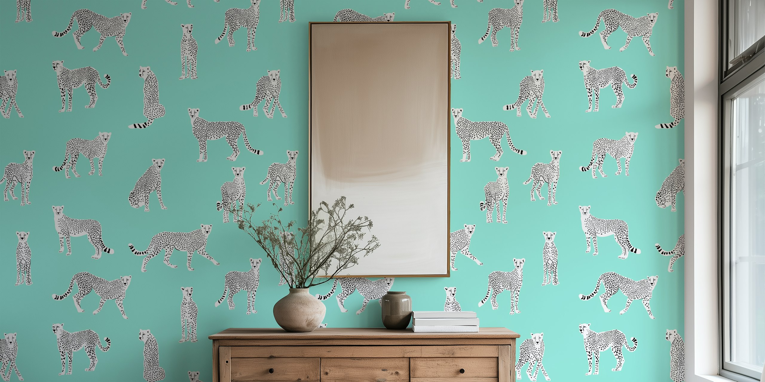 White cheetah wallpaper in a room