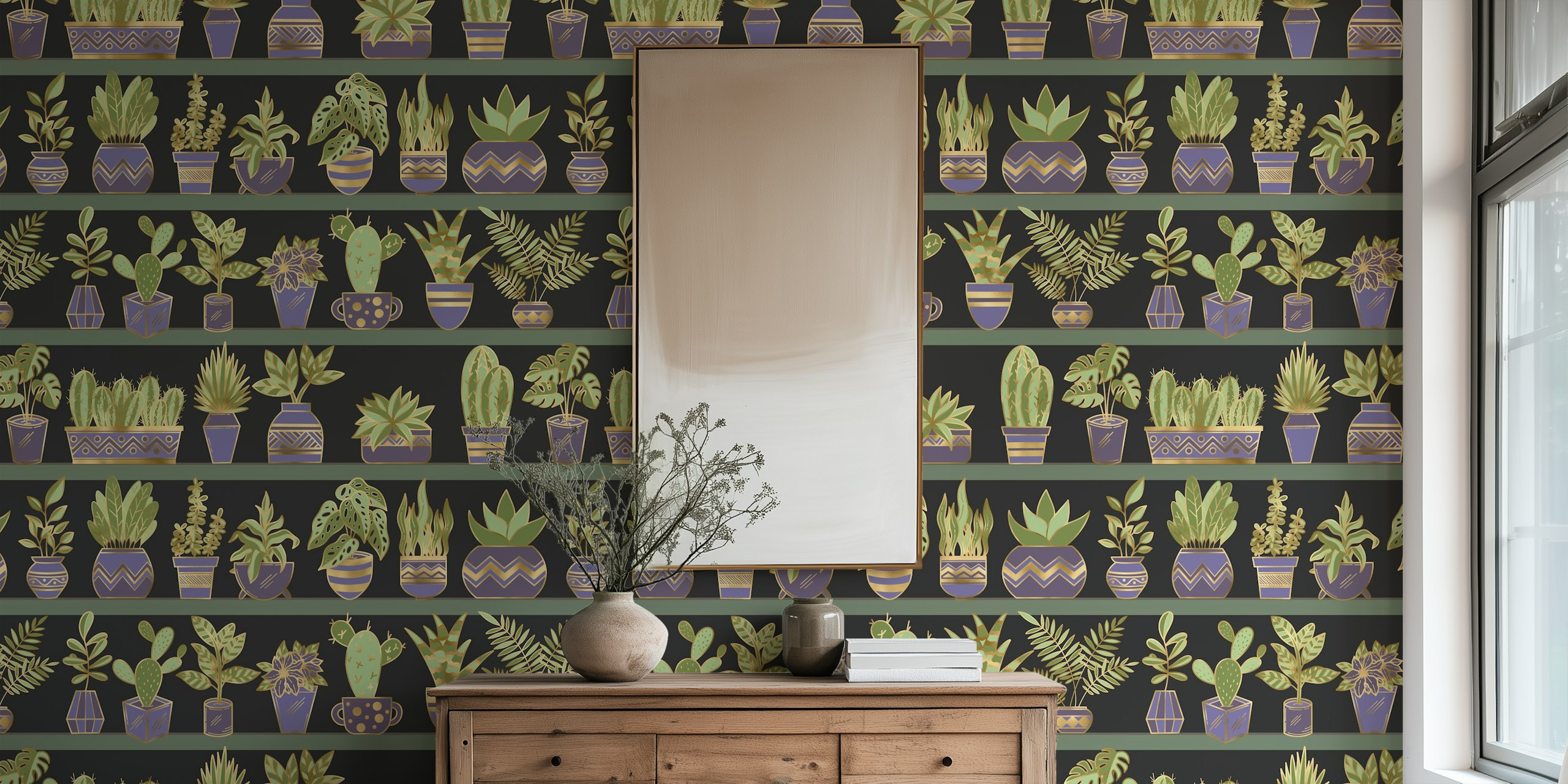 Tapetdesign med planter på hylder