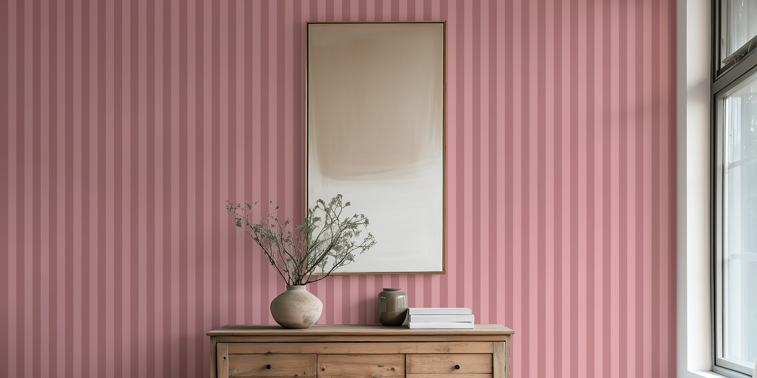 Mauve striped wallpaper in soft pink tones, contemporary design