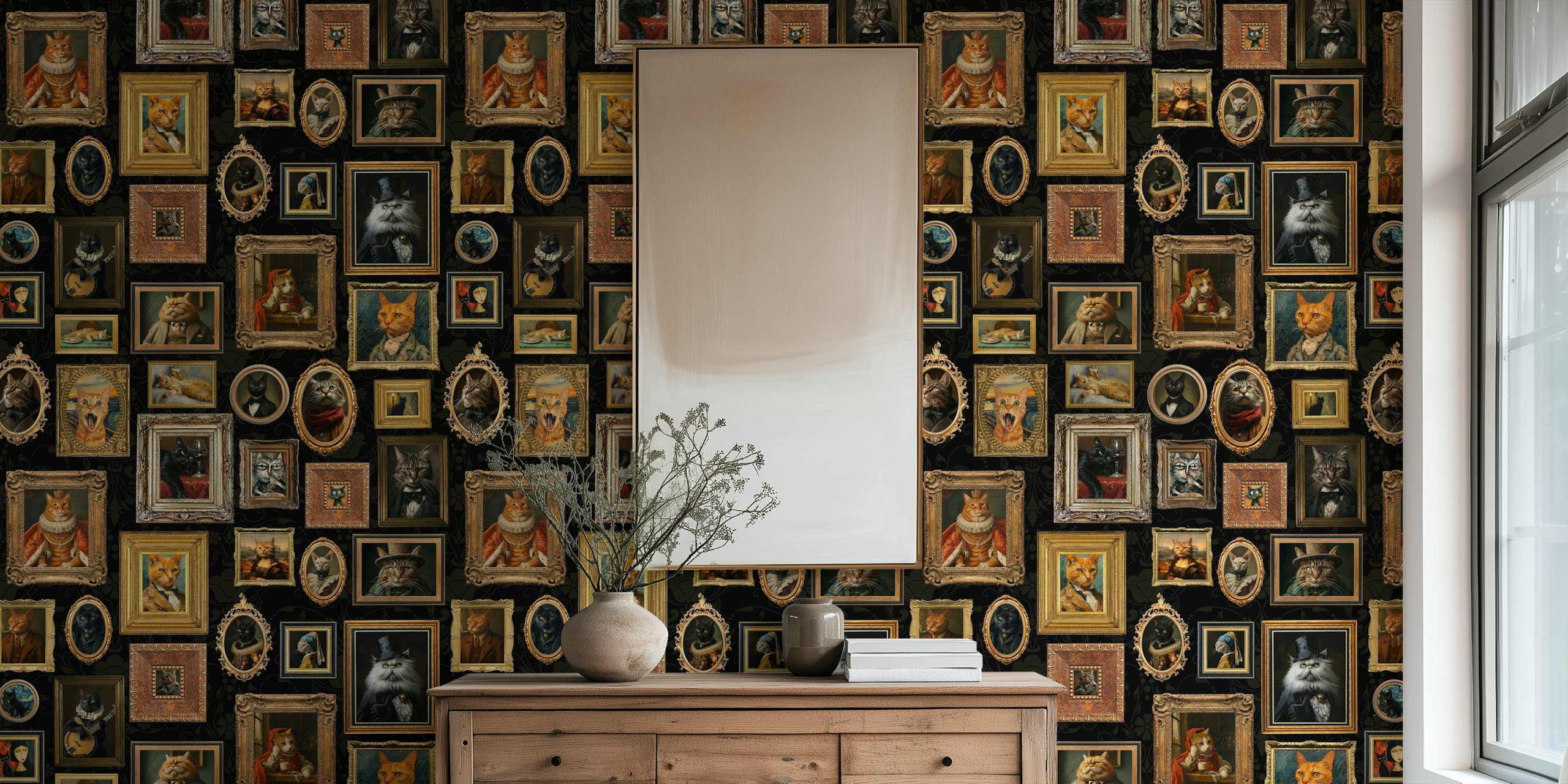 Various cat portraits in ornate frames on a black background wallpaper