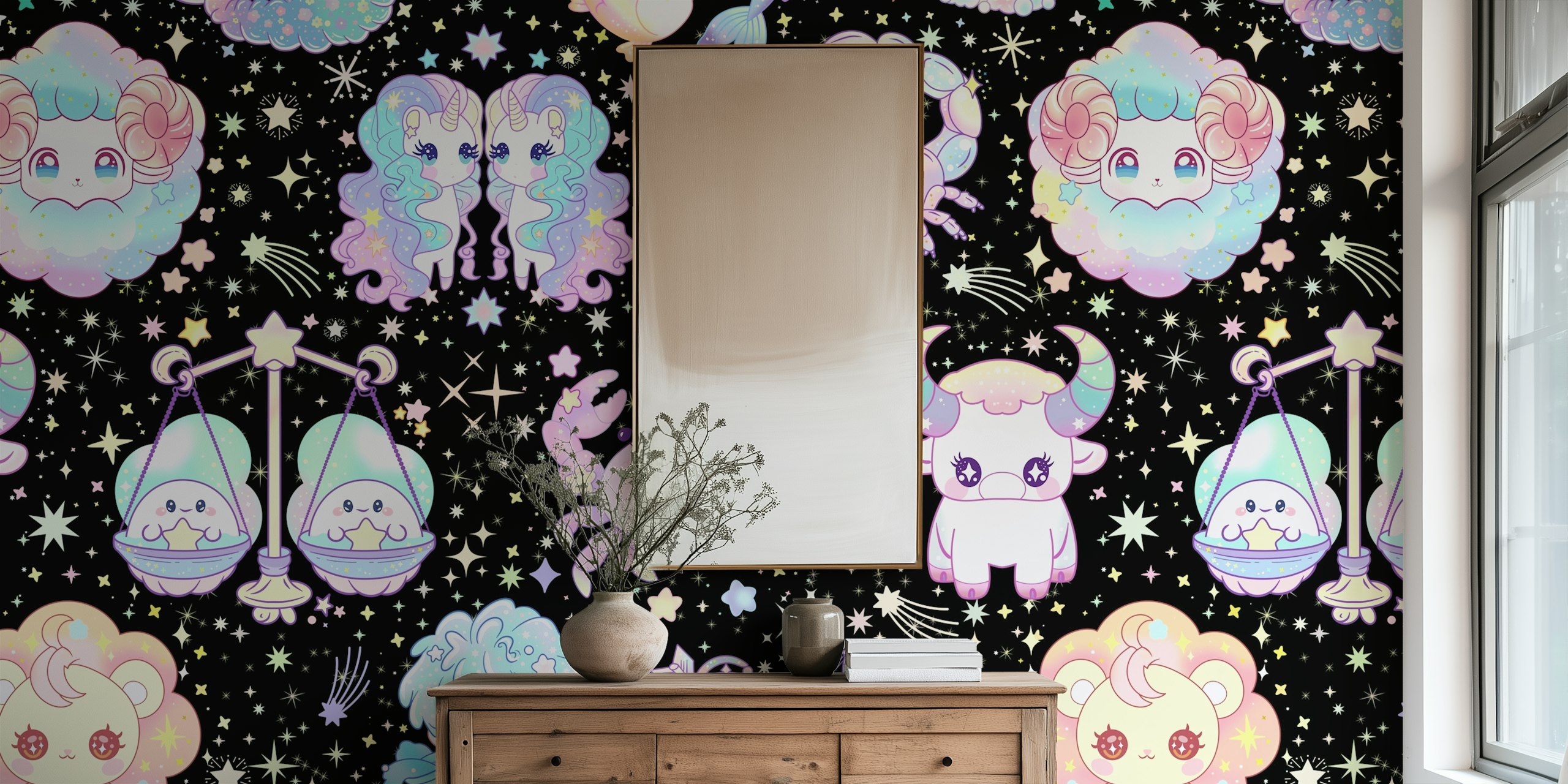 Kawaii zodiac characters and stars in pastel colors on black wallpaper
