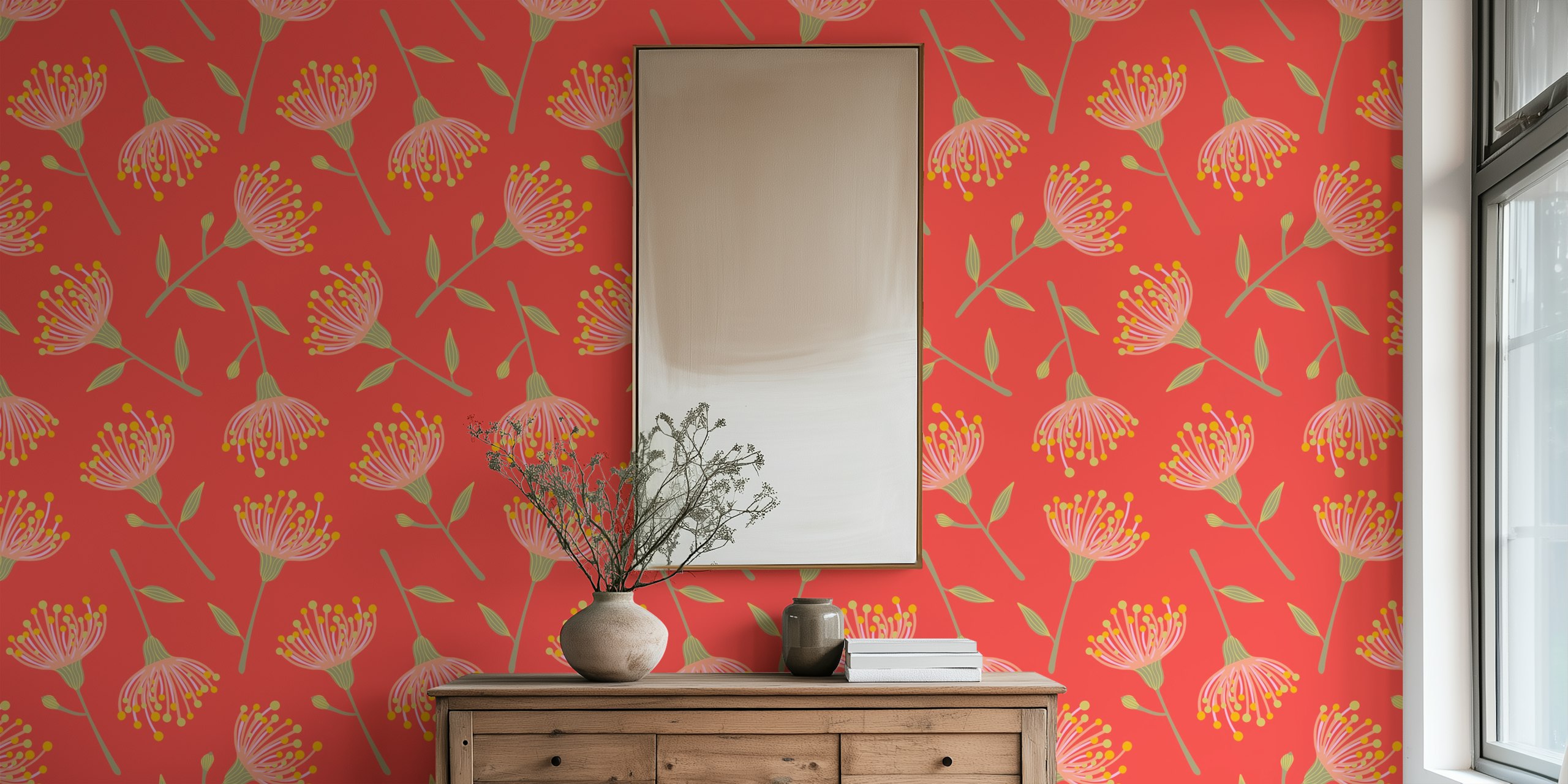 Eucalyptus tossed Floral behang in koraaloranje