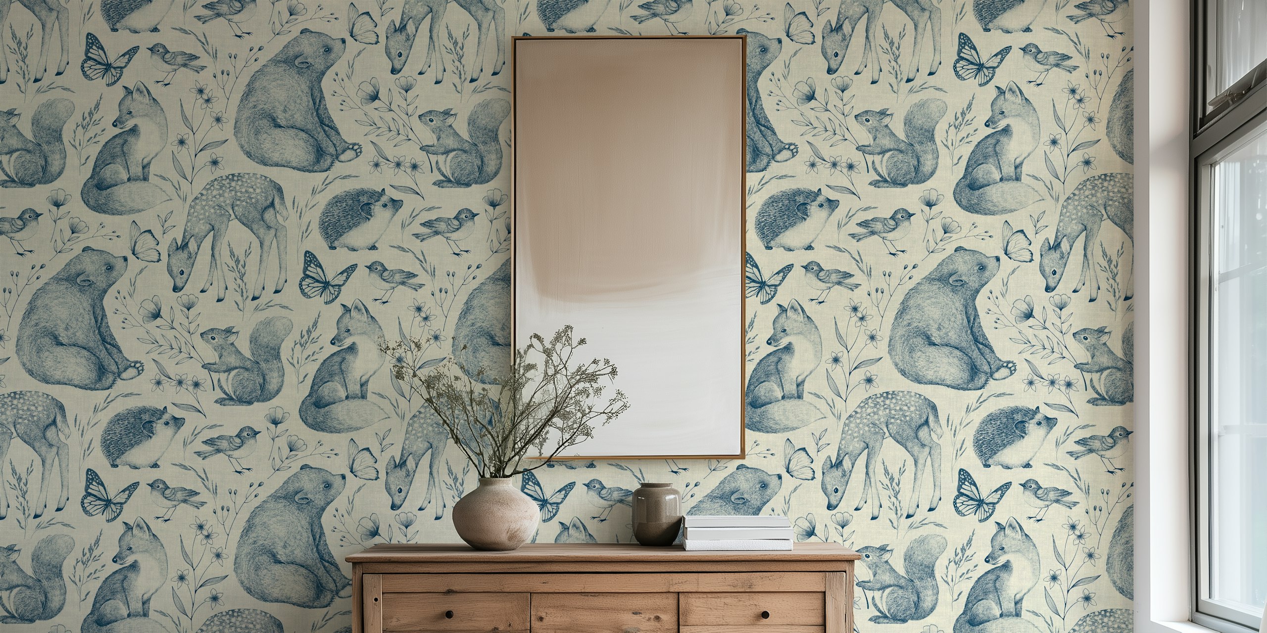 Blue and cream animal motifs including foxes, deer, and flowers wallpaper