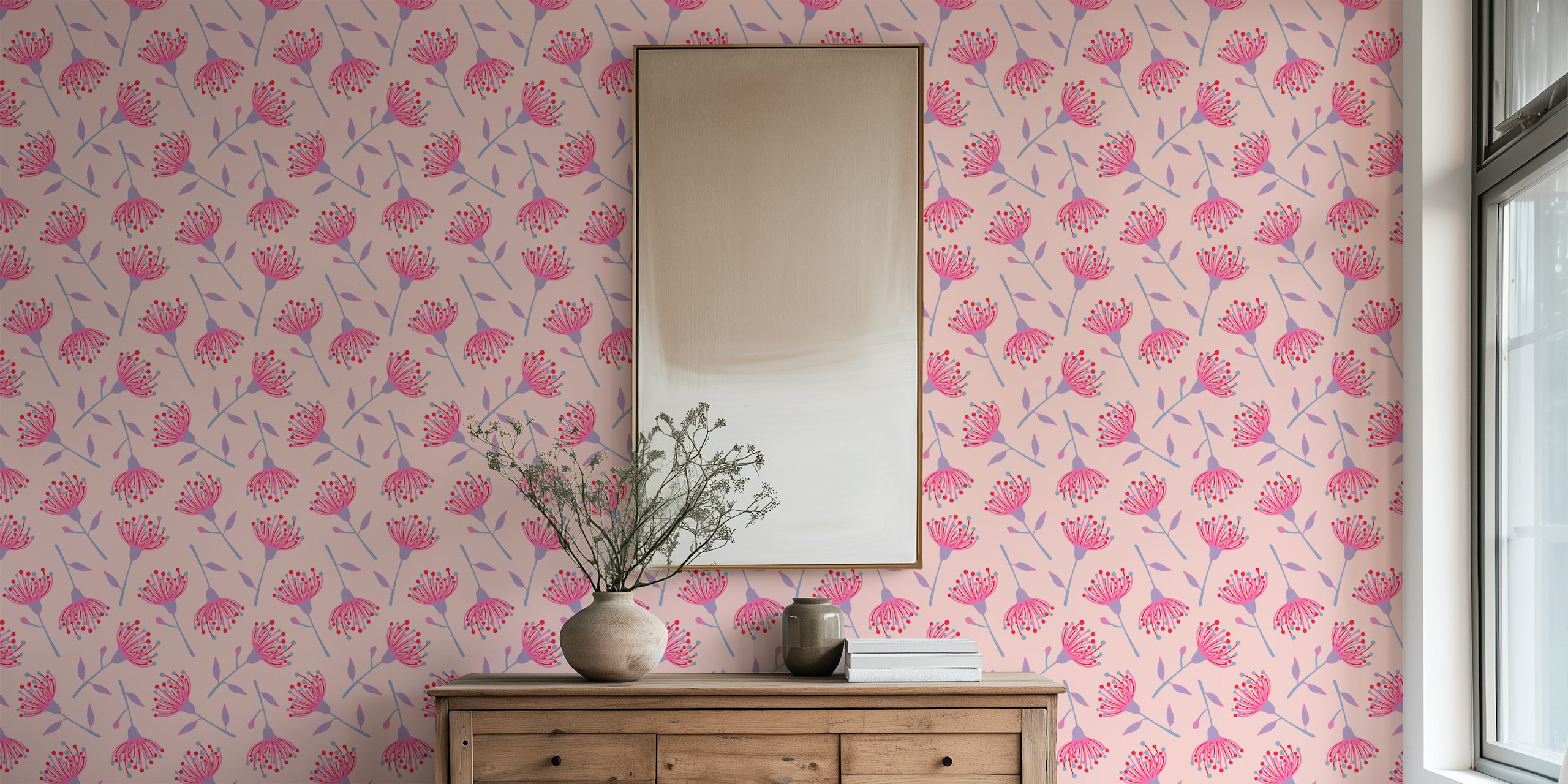 Floral pattern with pink eucalyptus flowers and blue accents wallpaper