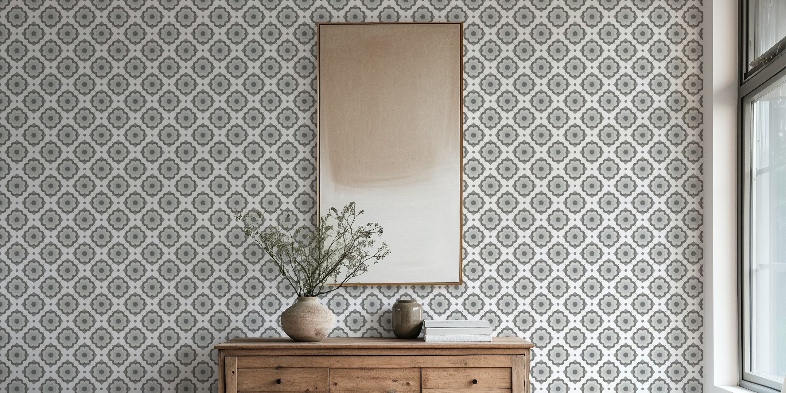 Greyscale 1970s flower power wallpaper design