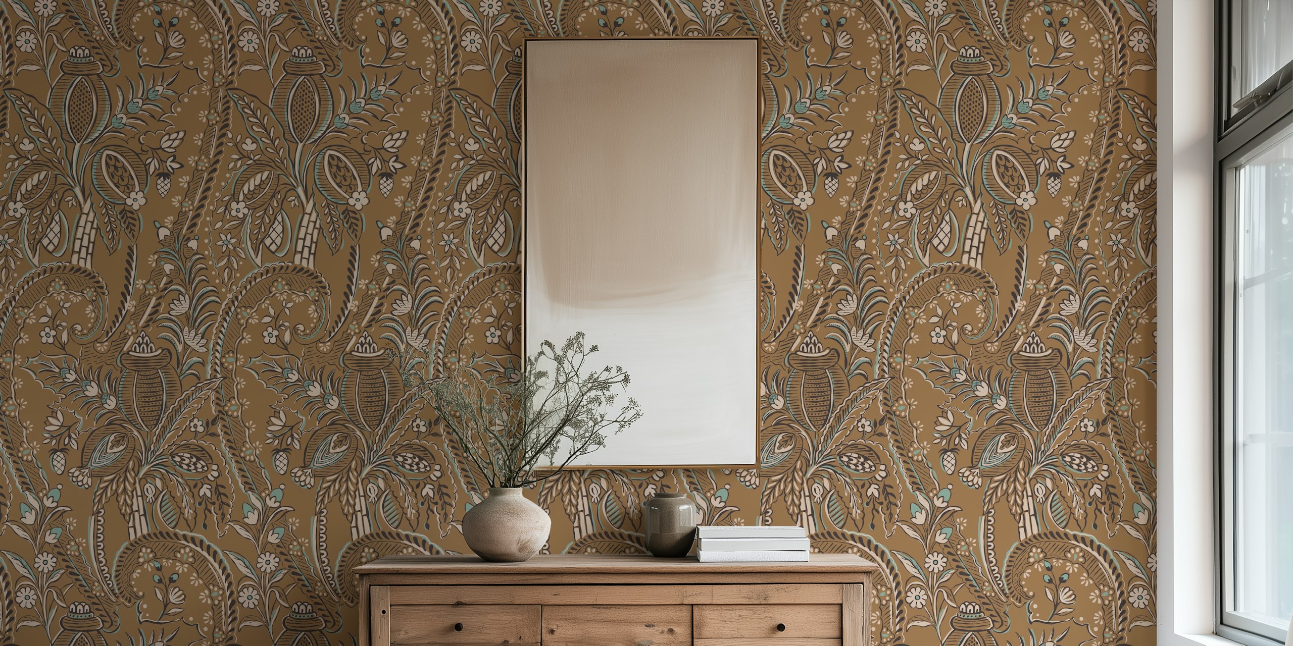 Floral patterns in brown, teal, and cream tones wallpaper