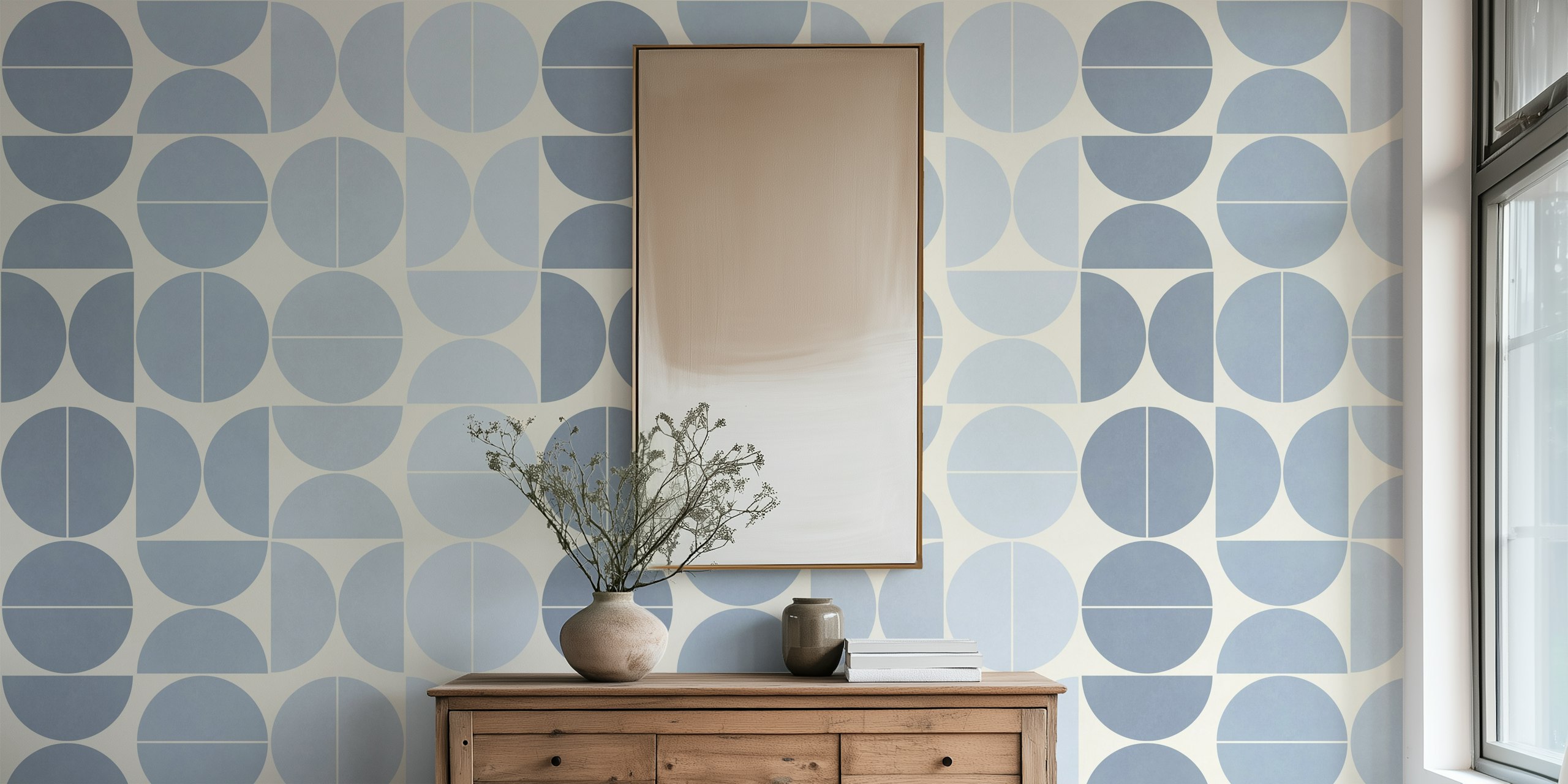 Bauhaus inspired wallpaper in light blue tones