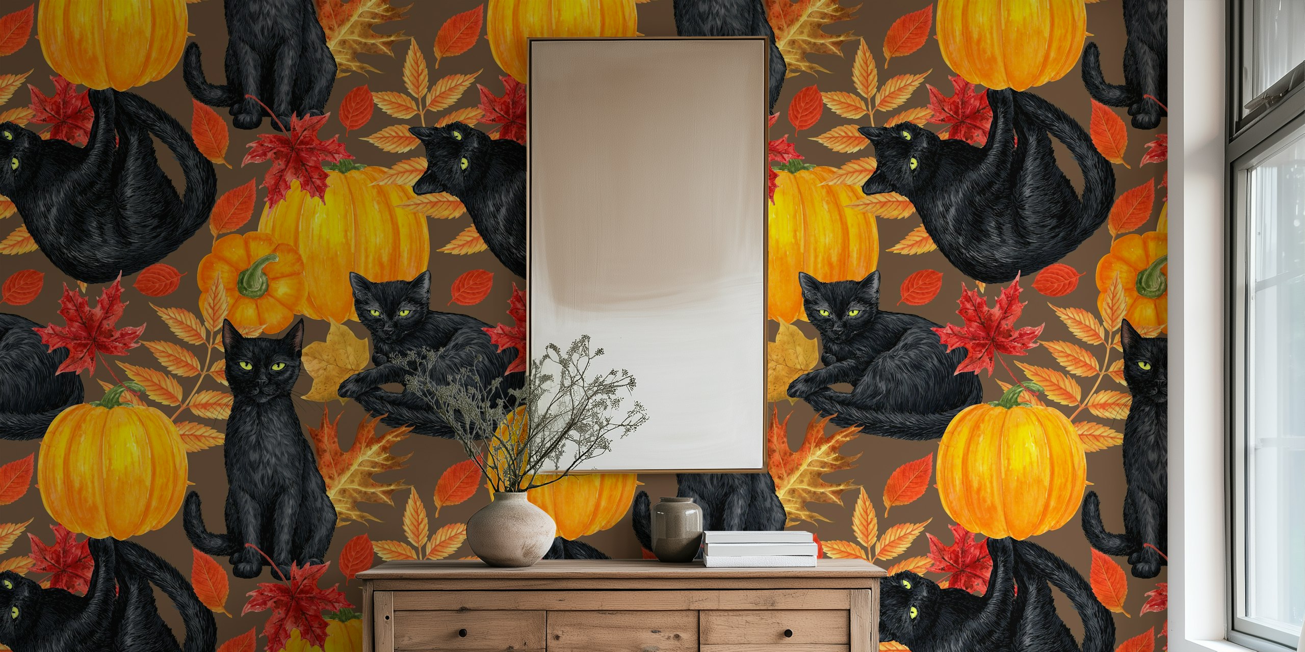 Tapete mit schwarzen Katzen und pumpkins