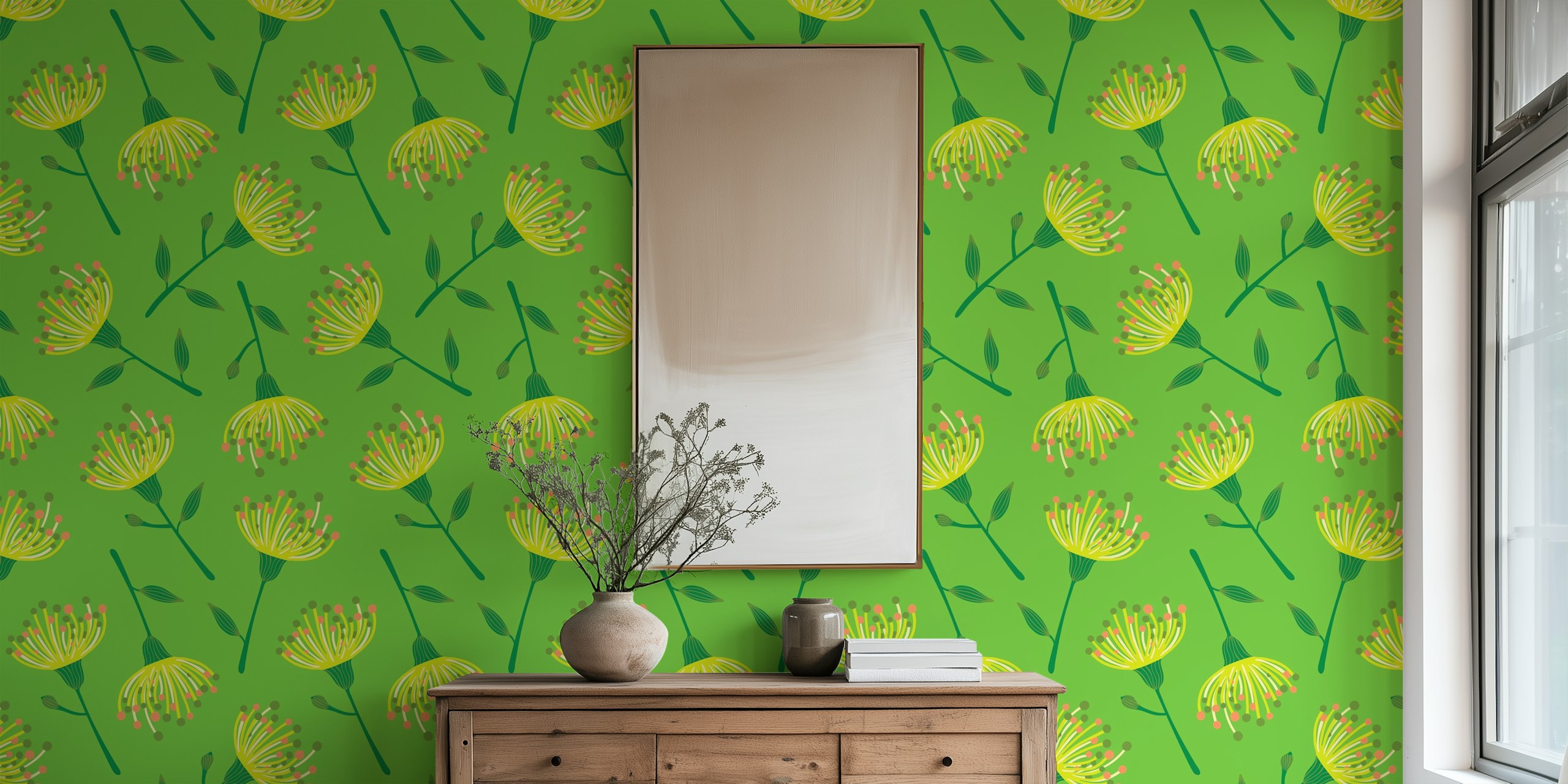 Eucalyptus floral tapet på en limegrønn bakgrunn