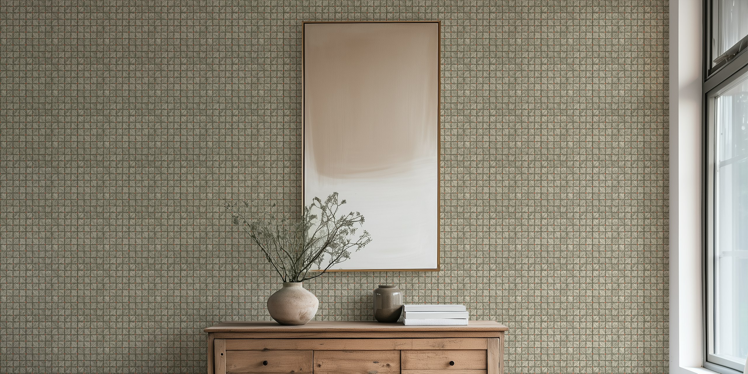 Block Print Geometric Tile w kalamata olive