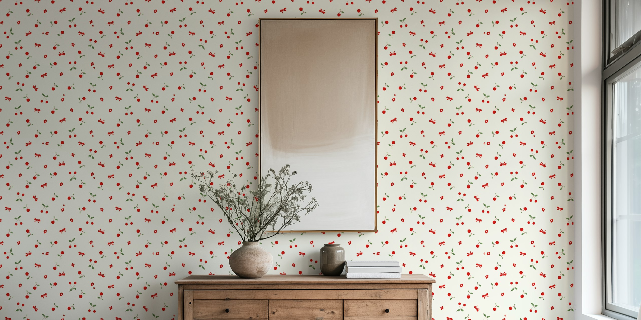 Christmas little floral and cherry pattern wallpaper