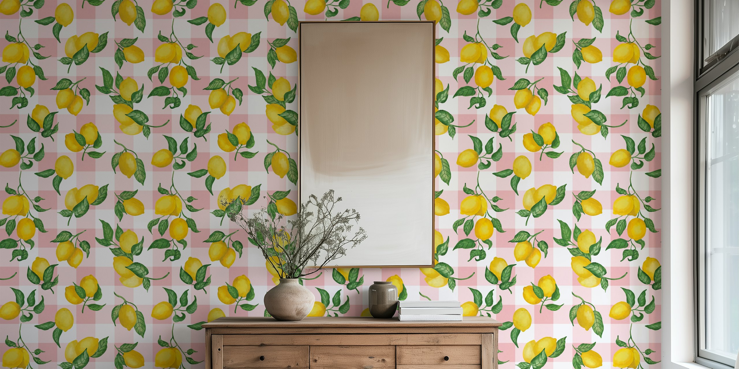 Lemon gouache wallpaper with pastel pink gingham