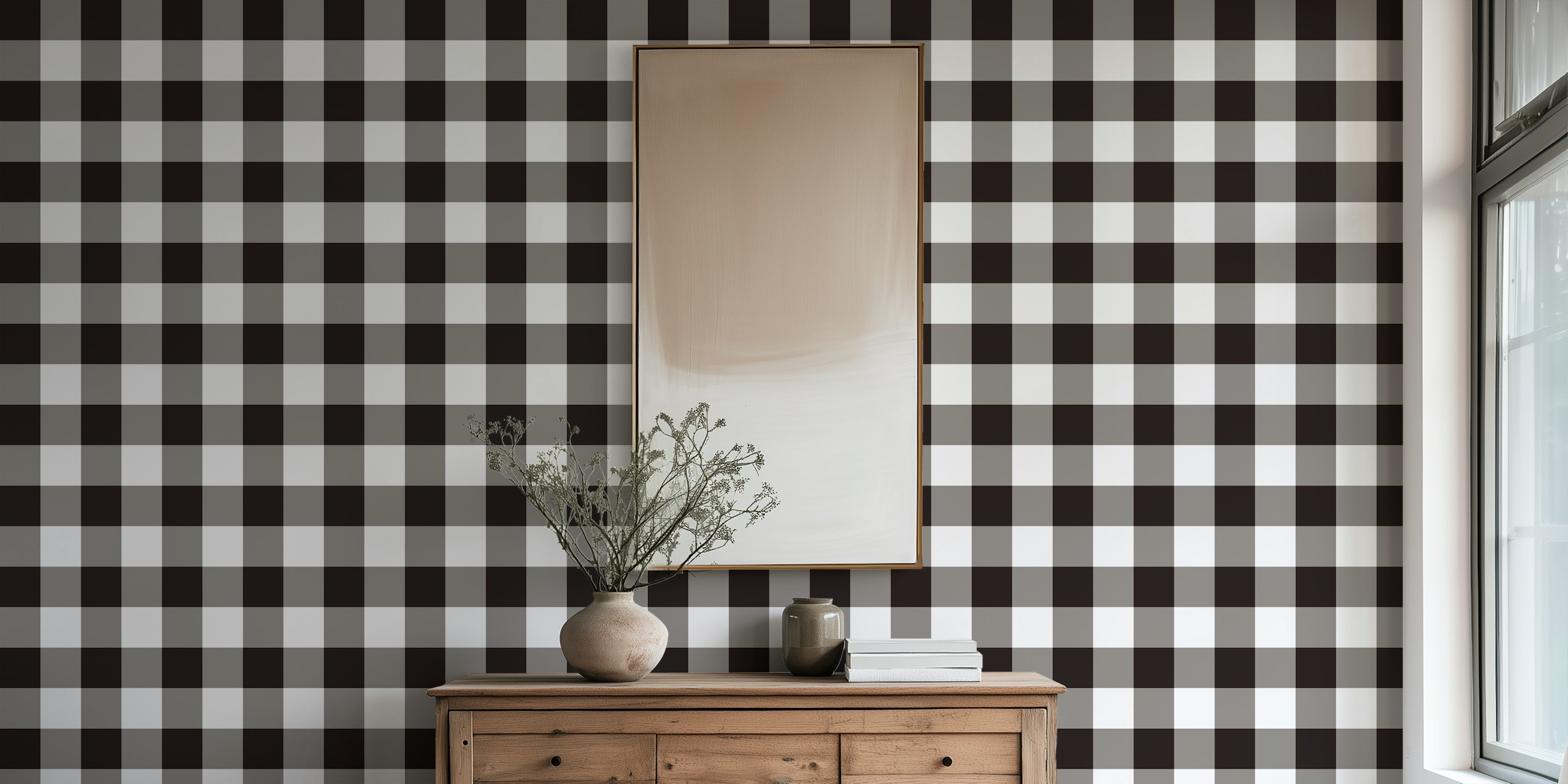 Black and white gingham check pattern wallpaper
