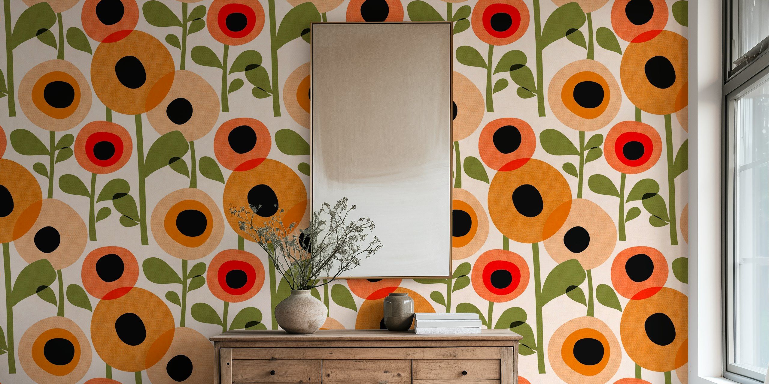 Mid Century Poppy Abstract wallpaper in a room