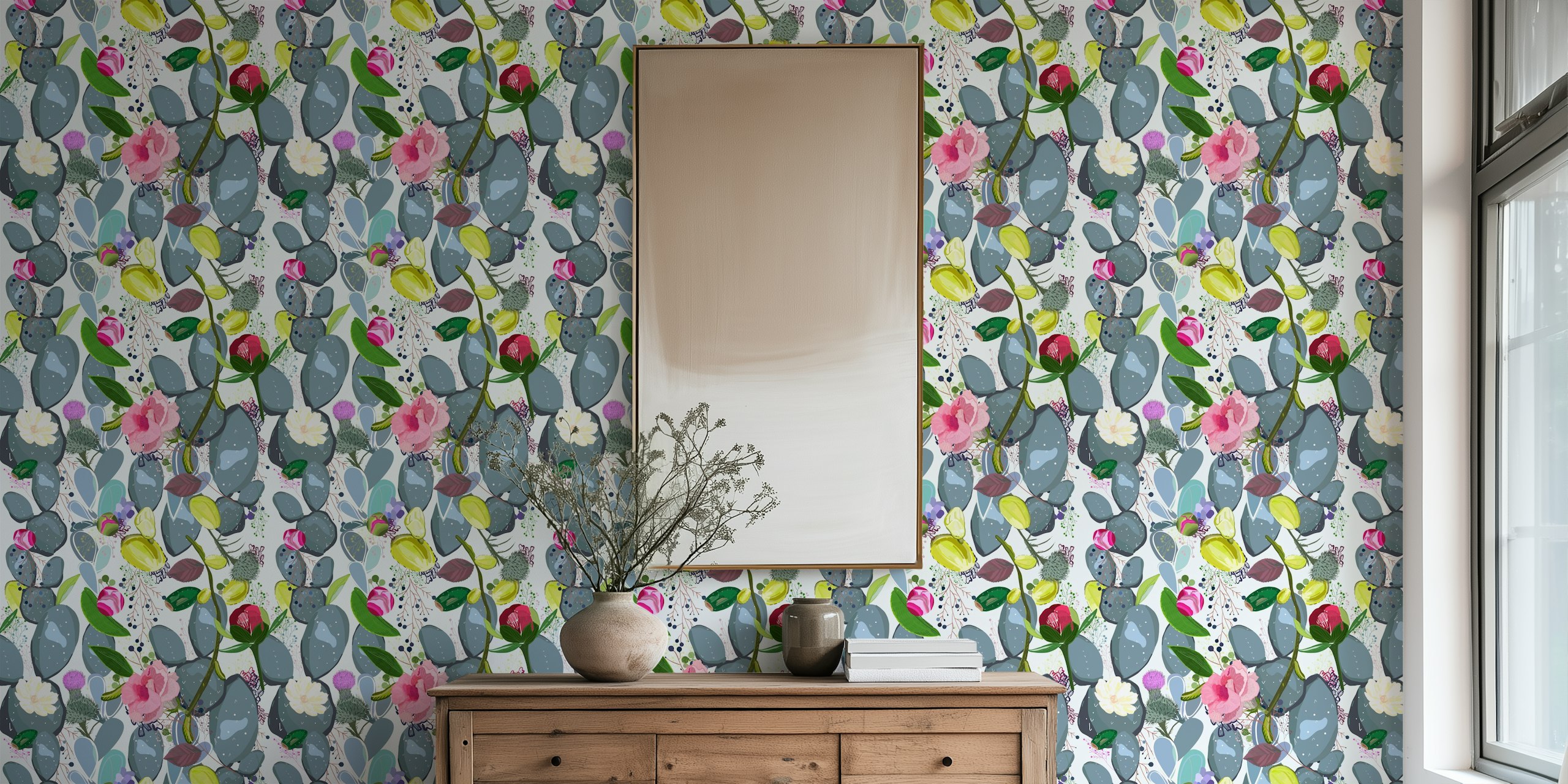 Cactus and colorful flowers pattern wallpaper