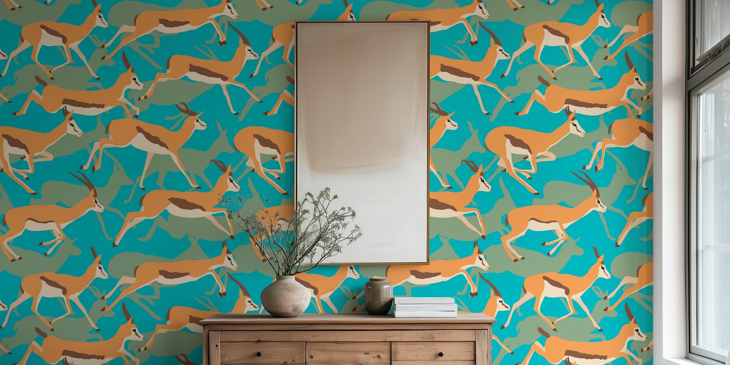 Running Gazelles behang in de woonkamer