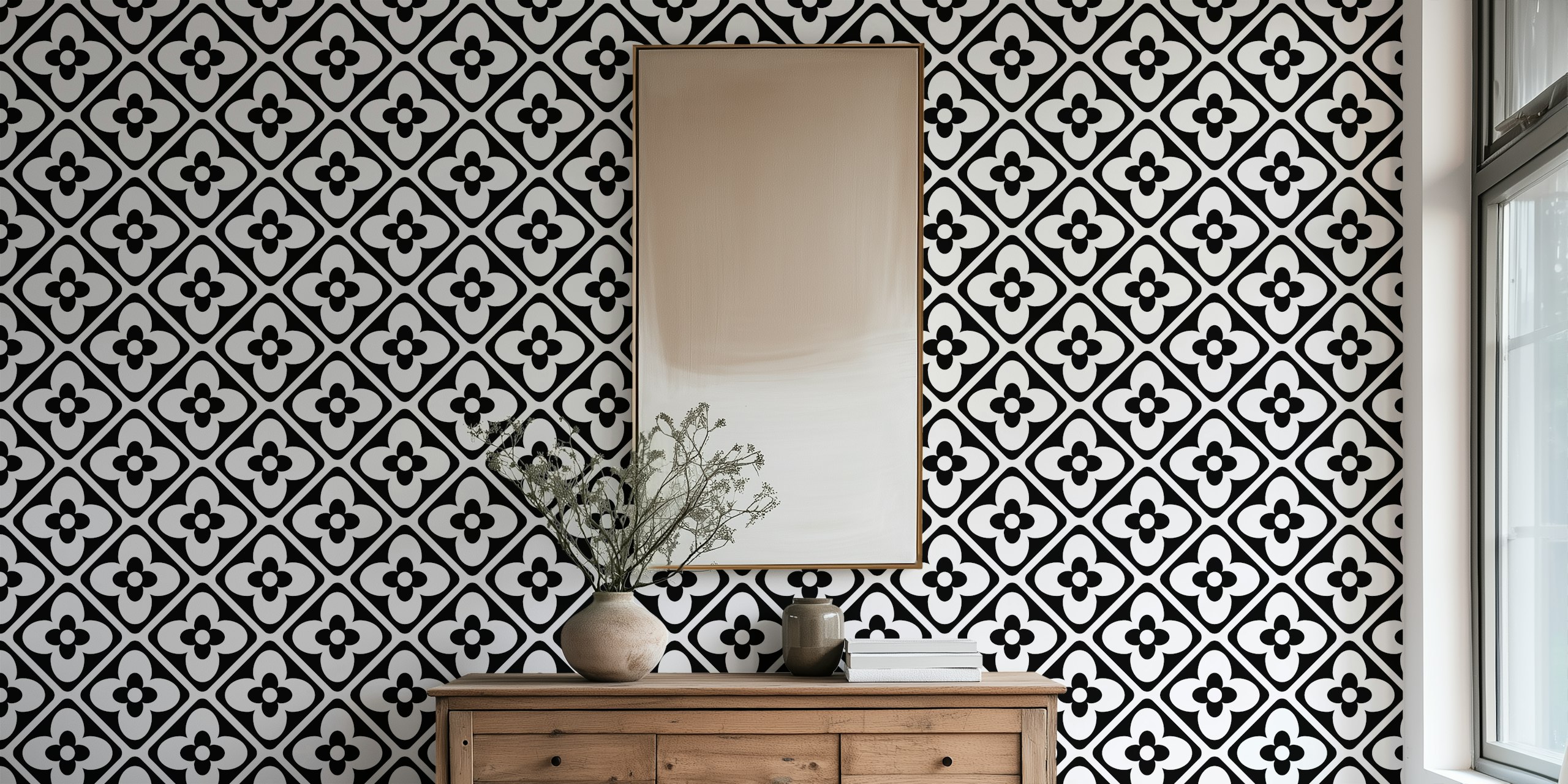 Pozadina Black and White Geo Floral Tiles u sobi